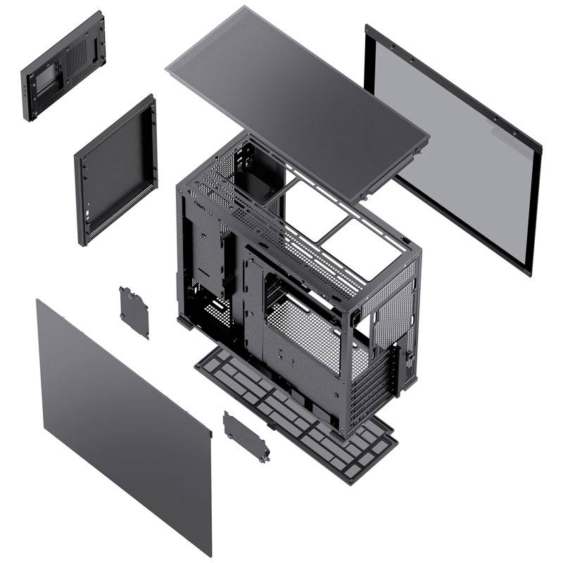 Exploded view of a PC case with removed panels, revealing the internal structure and component placement.