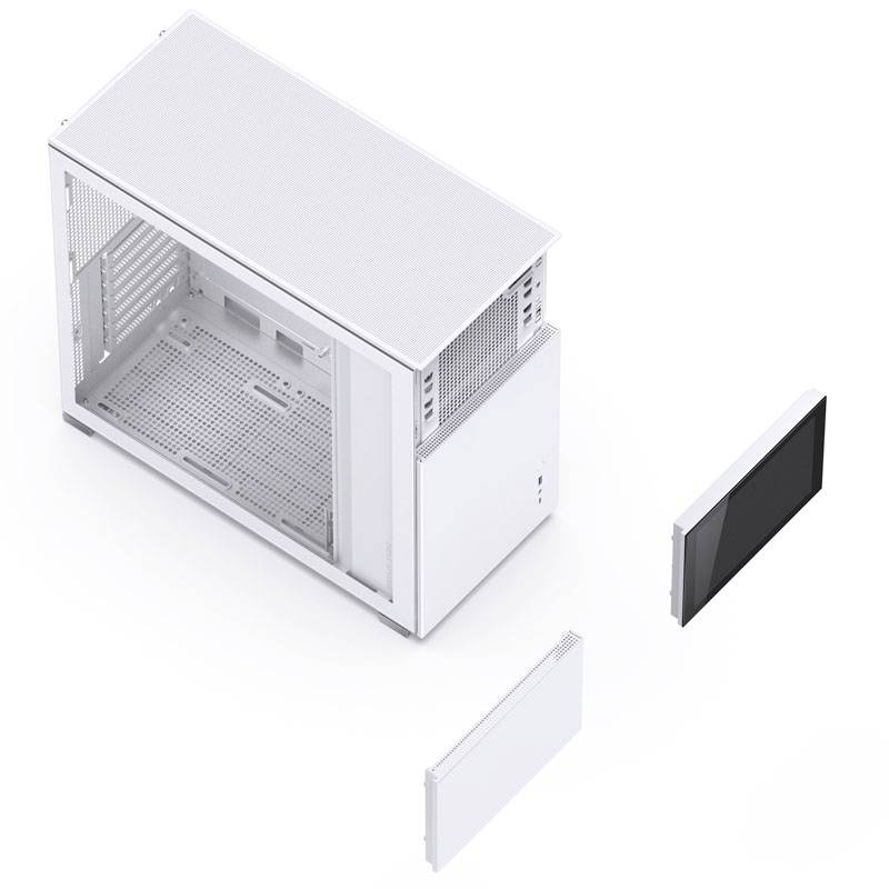 A white computer case with side and front panels removed, which are shown separately beside it.