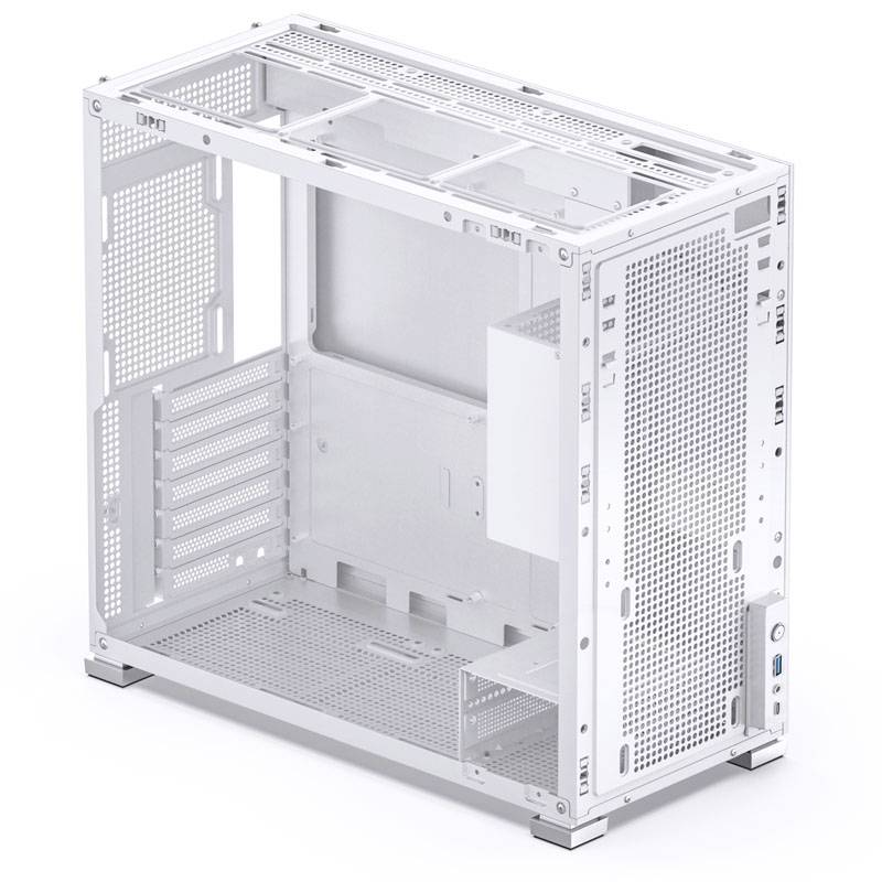 White metal computer case without side panel, revealing space for motherboard and components.
