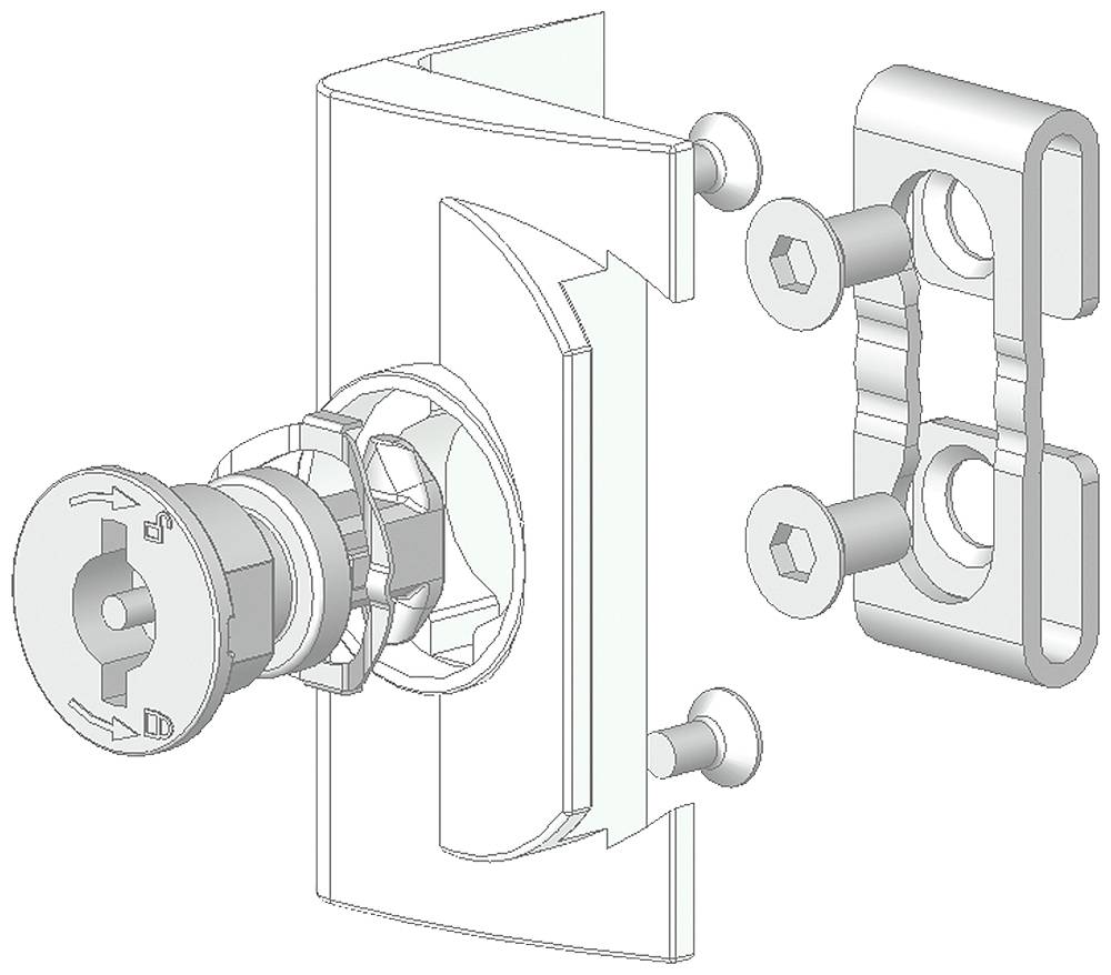 Exploded diagram of a door lock with cylinder, front plate, retaining clip and screws. Shows the assembly arrangement of the components.