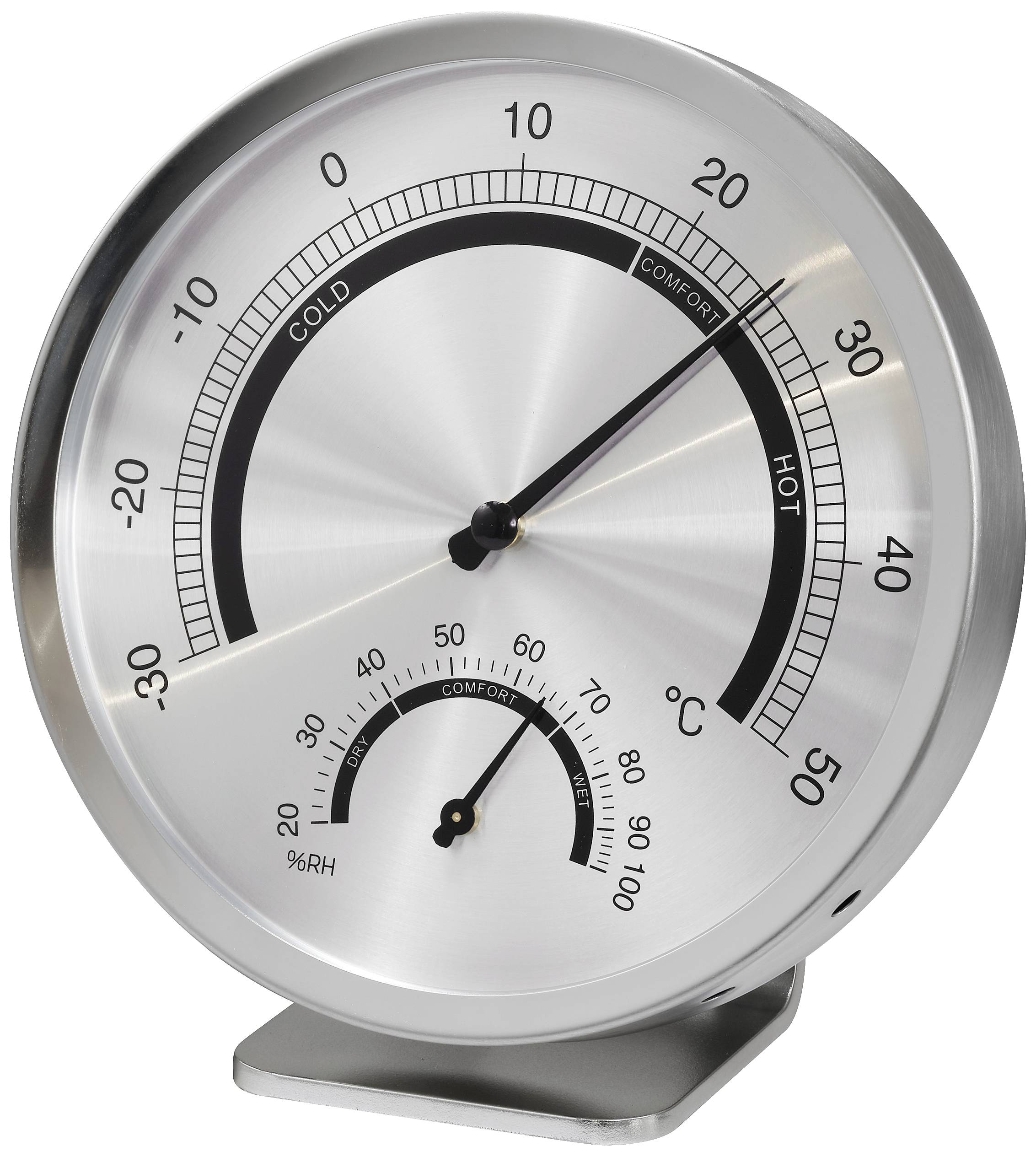 Analogue metal hygrometer and thermometer with temperature display from -30 to 50 degrees Celsius and humidity scale from 0 to 100%.
