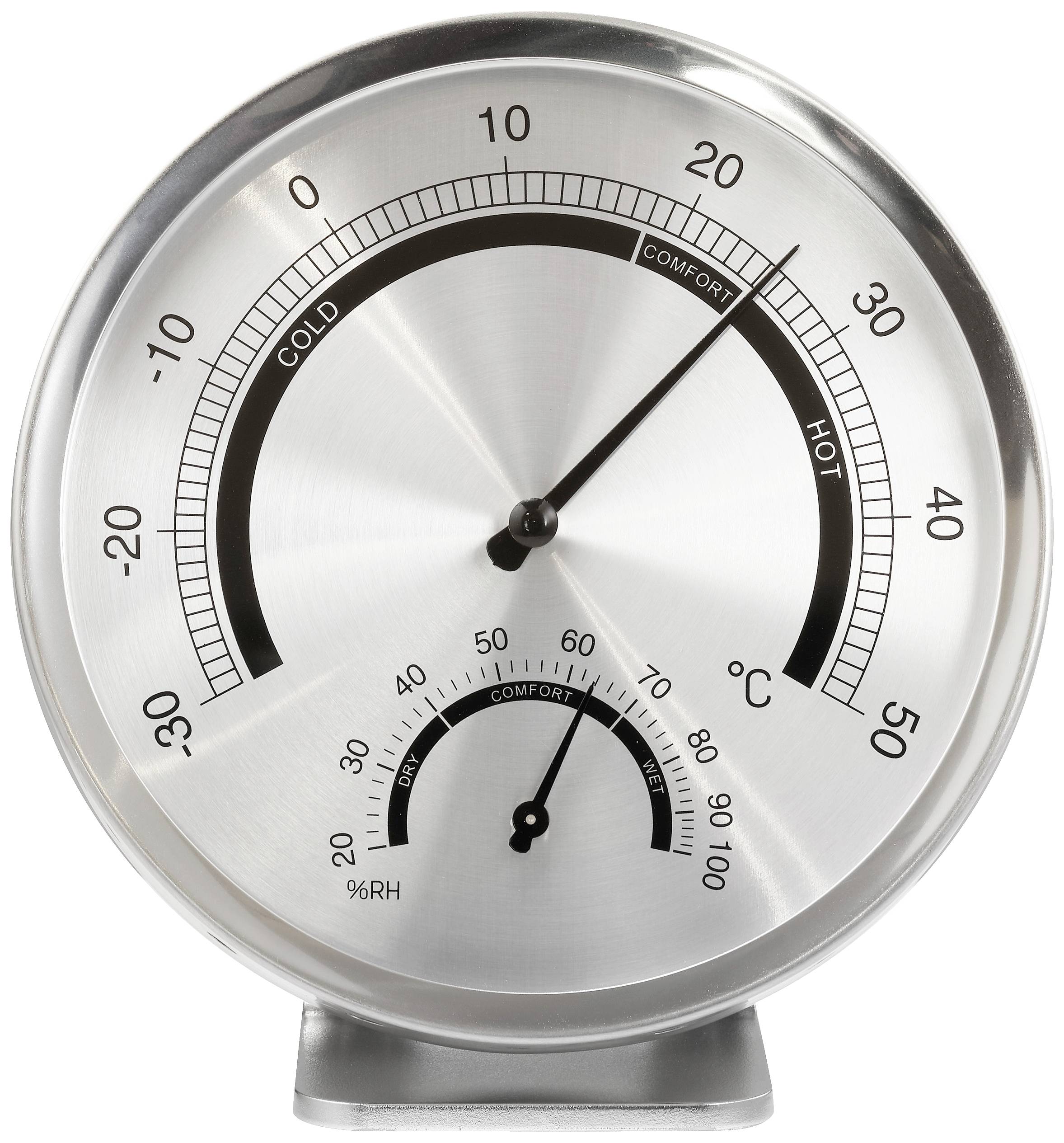 Round metal thermometer-hygrometer with analogue display showing 22°C and 62% humidity, marked as 'comfort zone'.