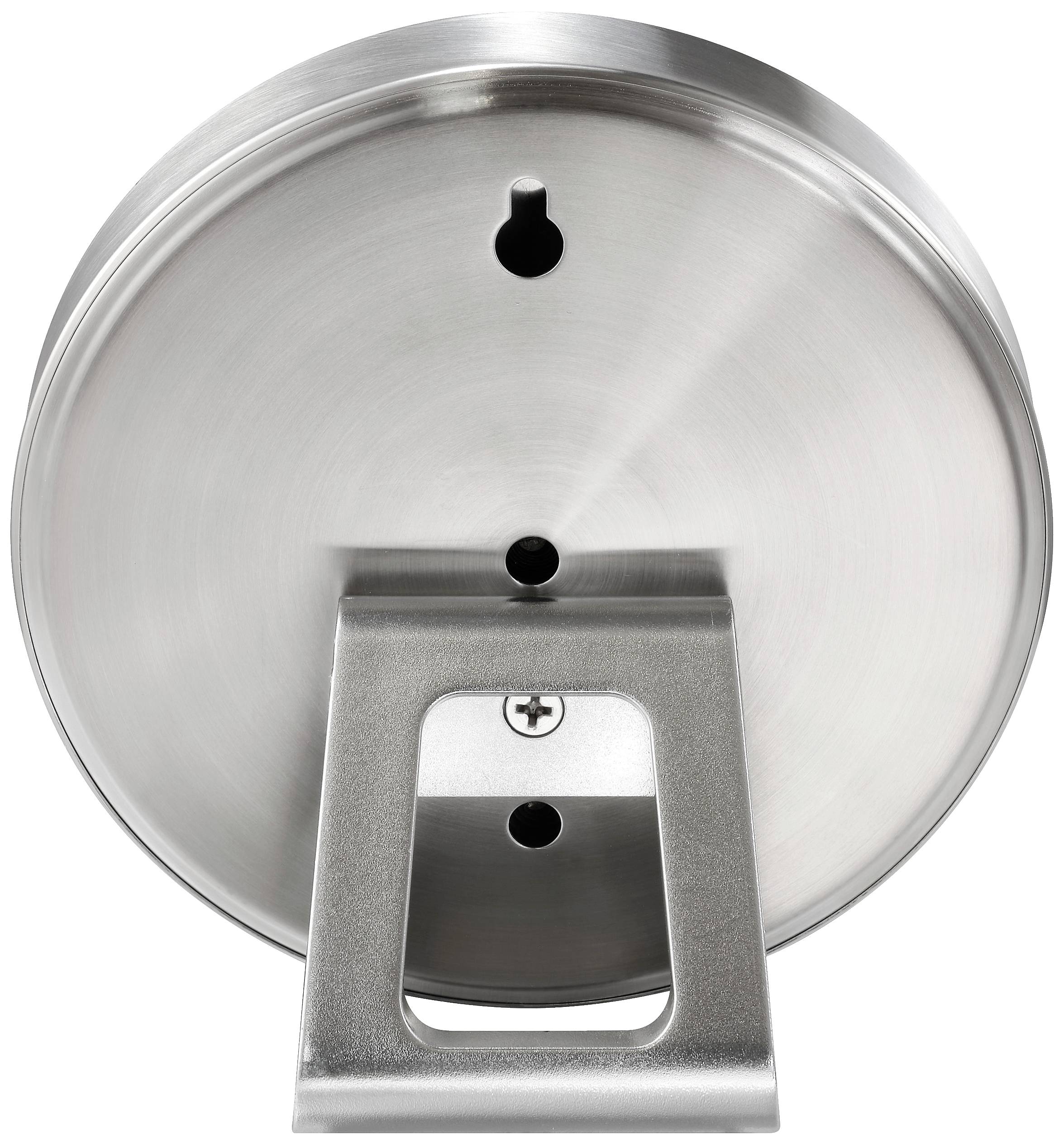 Circular metallic mounting bracket with two holes for wall mounting and a central hook attached to the underside.