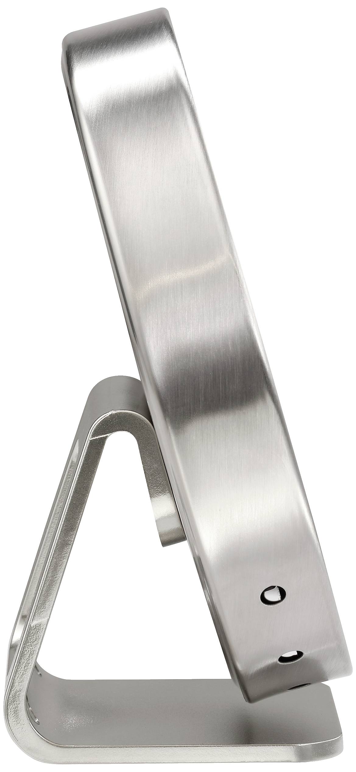 A silver, round metal frame stands sideways on a triangular stand.