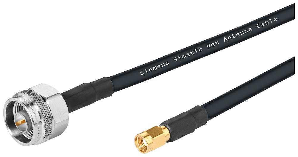 Black Siemens Simatic Net antenna cable. On the left, a silver N-connector, on the right, a gold SMA connector.