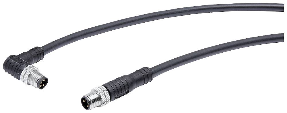Two black M8 sensor cables with metallic connectors, one straight, the other at a right angle. Both are plug connectors.