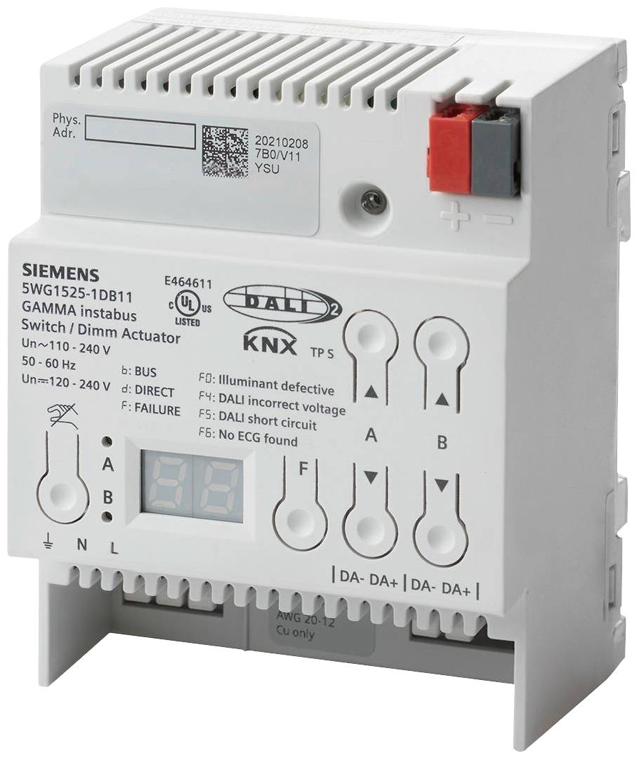 Siemens Dimmer and Switch Actuator GAMMA with KNX Compatibility. Showing buttons, LED indicators, and connections for electrical installations.