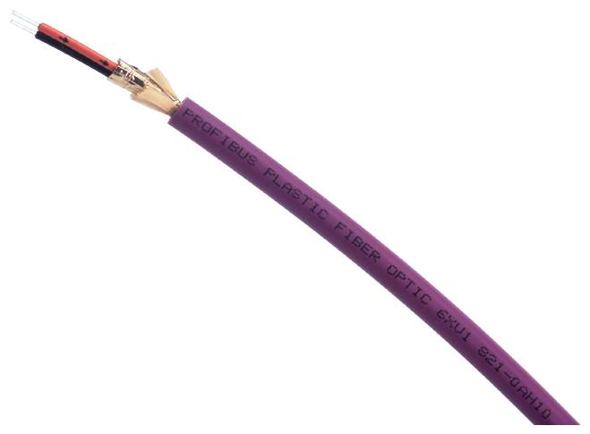 A purple cable labelled 'PROFIBUS PLASTIC FIBRE OPTIC'. The cable is cut, revealing the inner fibres.