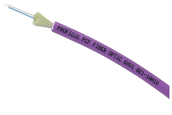 Purple glass fibre cable with the inscription 'PROFIBUS PCF FIBRE OPTIC 6XU 821-1AH10'. The cable contains multiple splices.