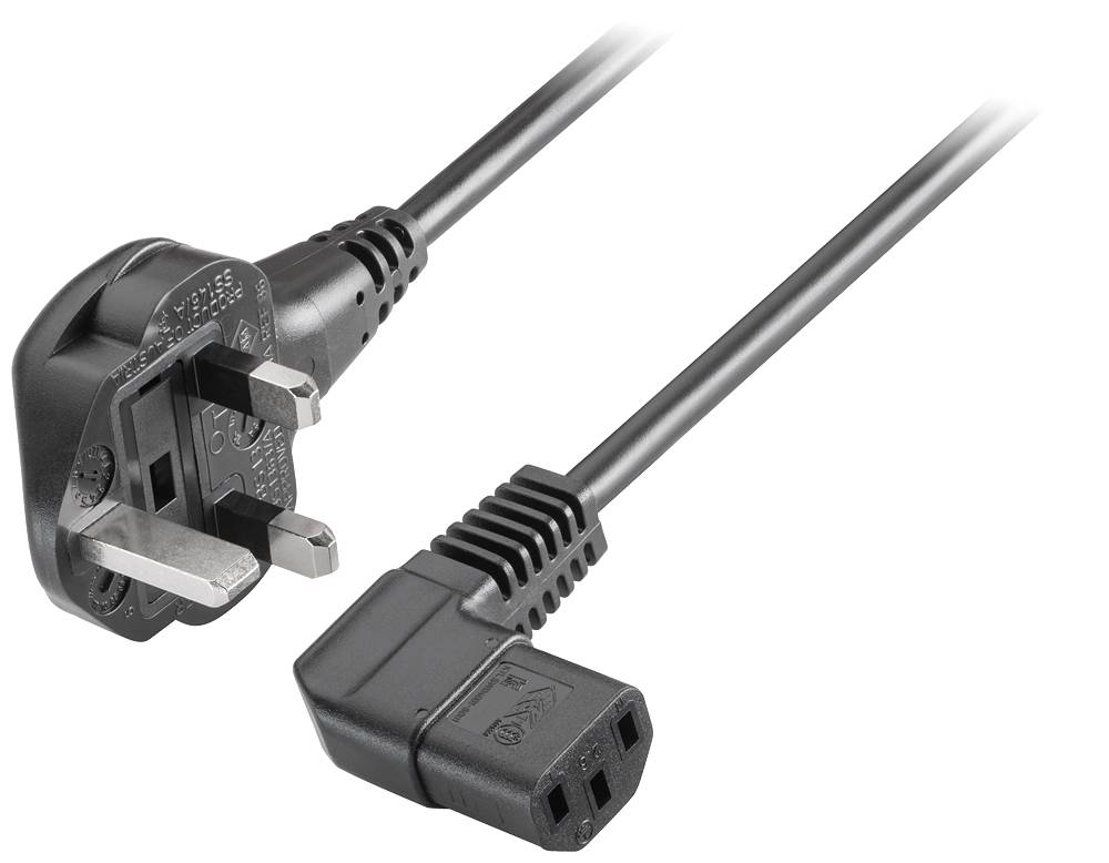 Power cable with UK plug on the left and IEC connector on the right, suitable for connecting electrical devices to a power source.