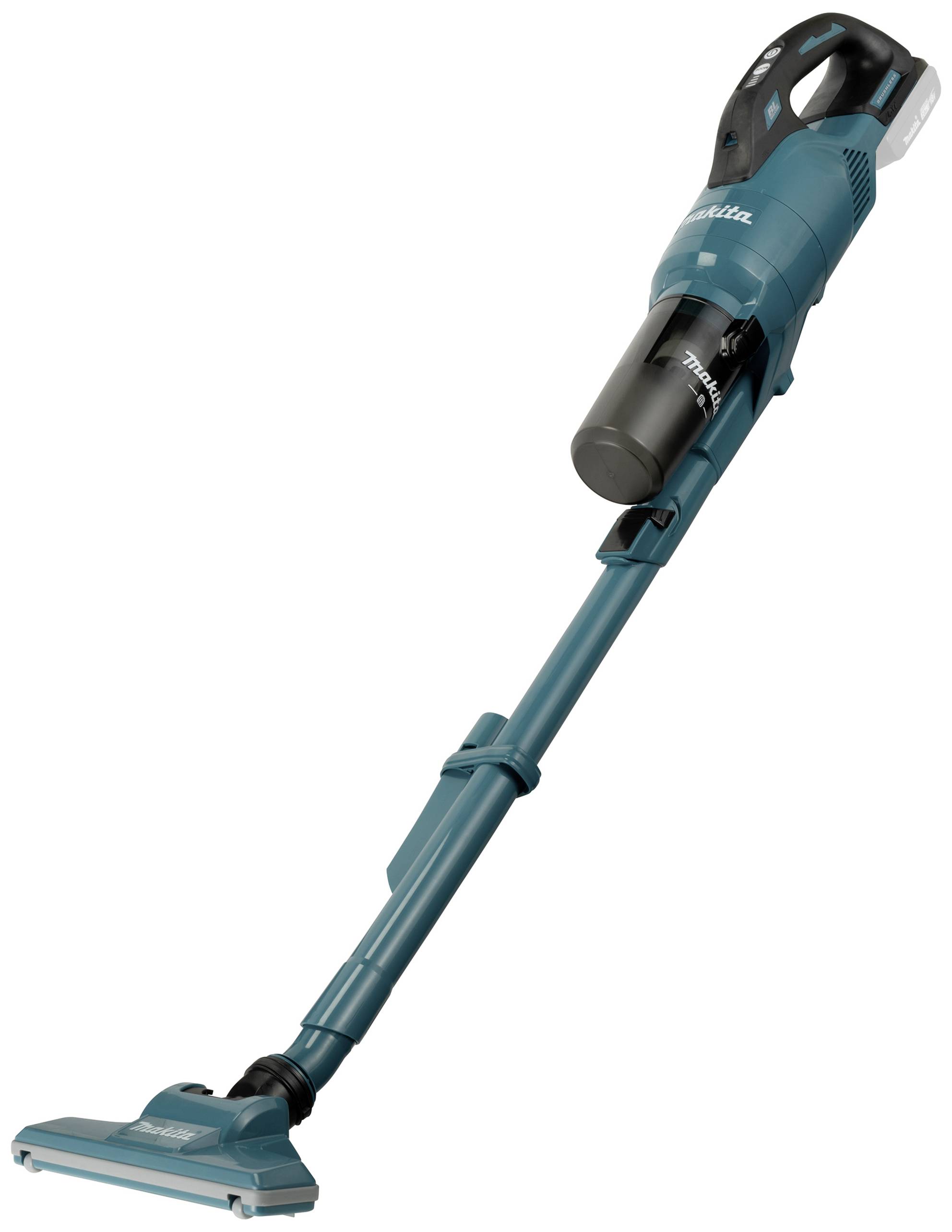 A cordless, blue vacuum cleaner with a slender nozzle and long handle, suitable for cleaning floors and hard-to-reach areas.