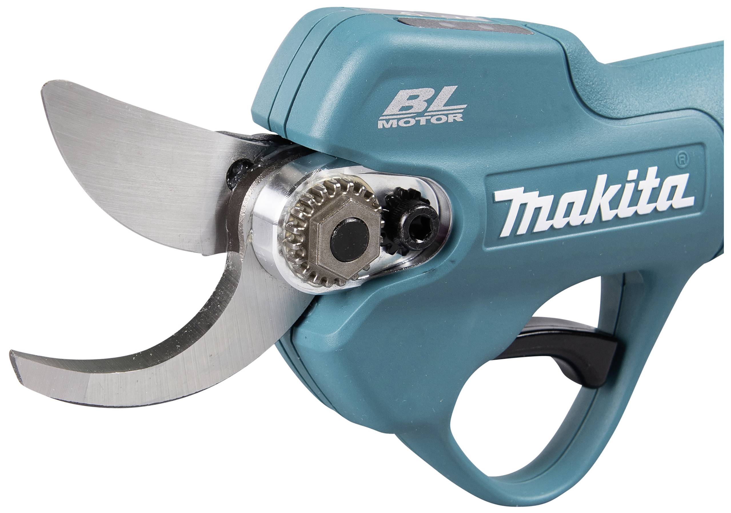Electric tree pruner by Makita with blue surface and silver blade, suitable for precise cutting work in garden maintenance.Electric tree shears by Makita with a blue body and silver blade, ideal for precise pruning tasks in garden care.
