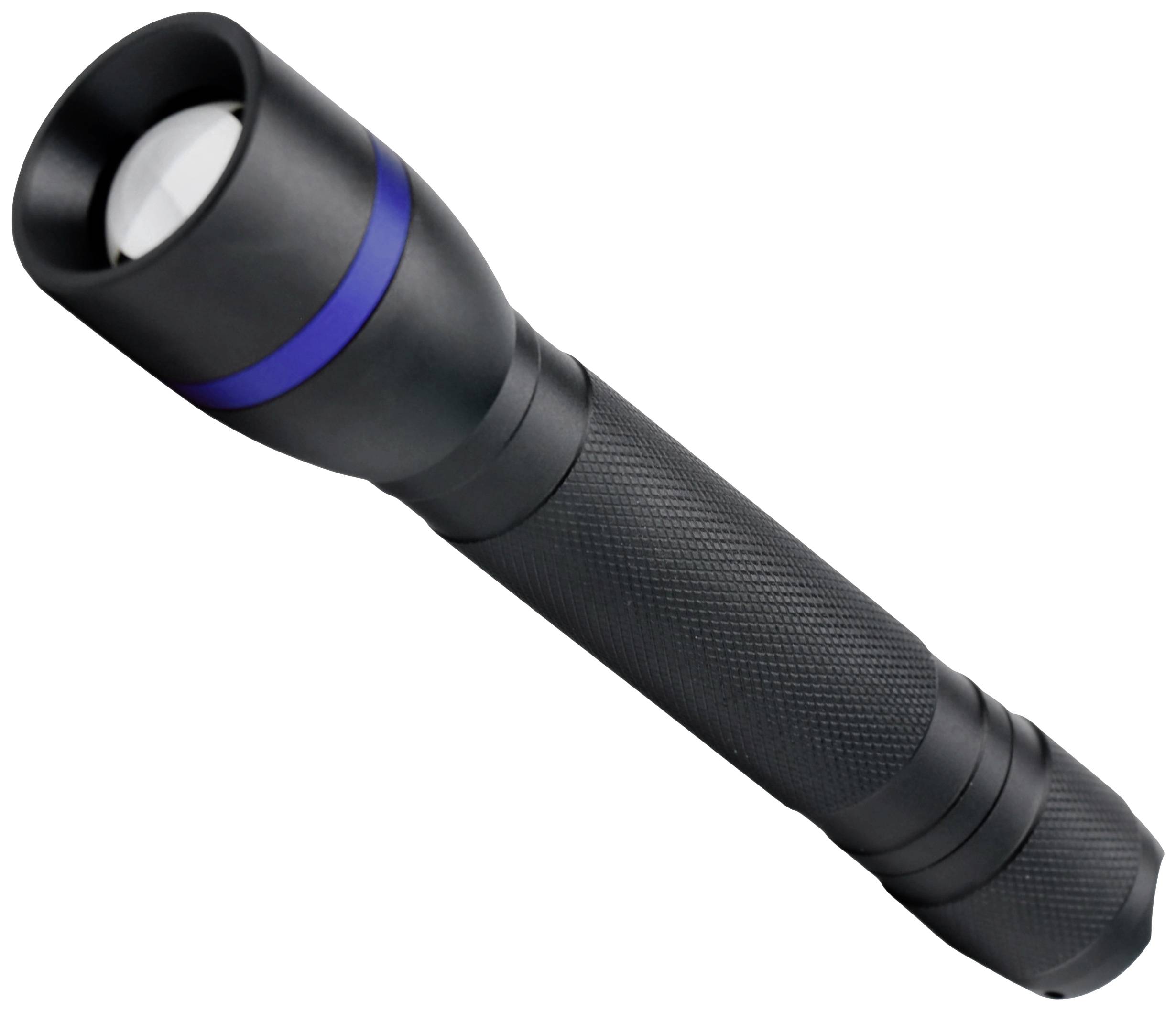 Black torch with a blue line on the head, elongated handle, lying at an angle on a white surface.