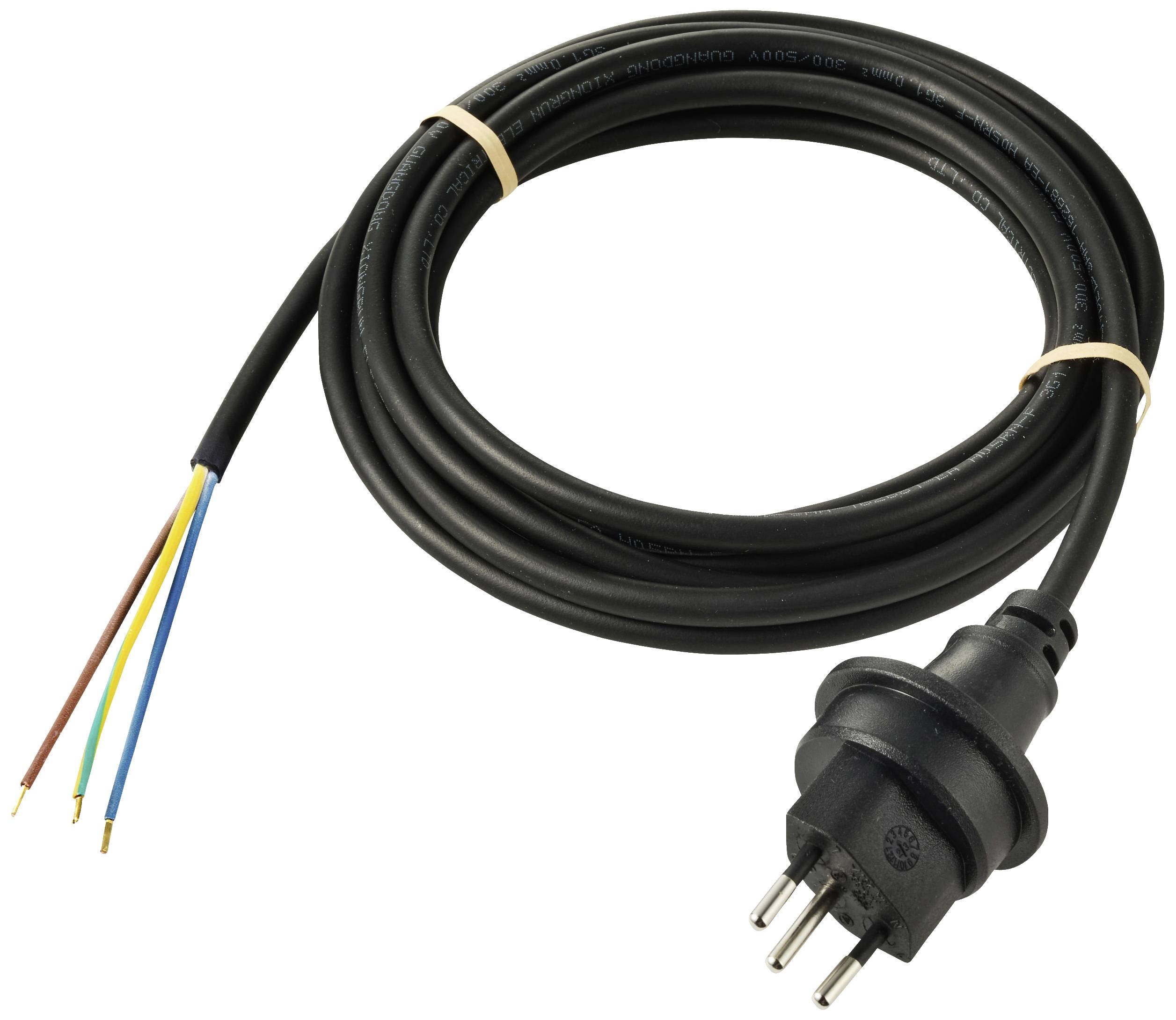 Black power cable with plug and exposed coloured wire ends: brown, blue, green-yellow. Suitable for electrical connections.