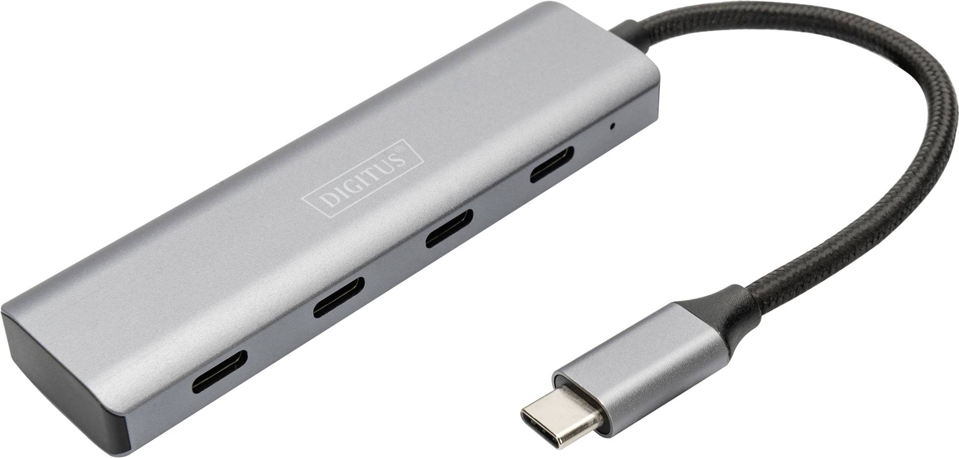 Silver USB-C Hub with four ports and a short cable. Suitable for expanding the connections of a laptop or computer.