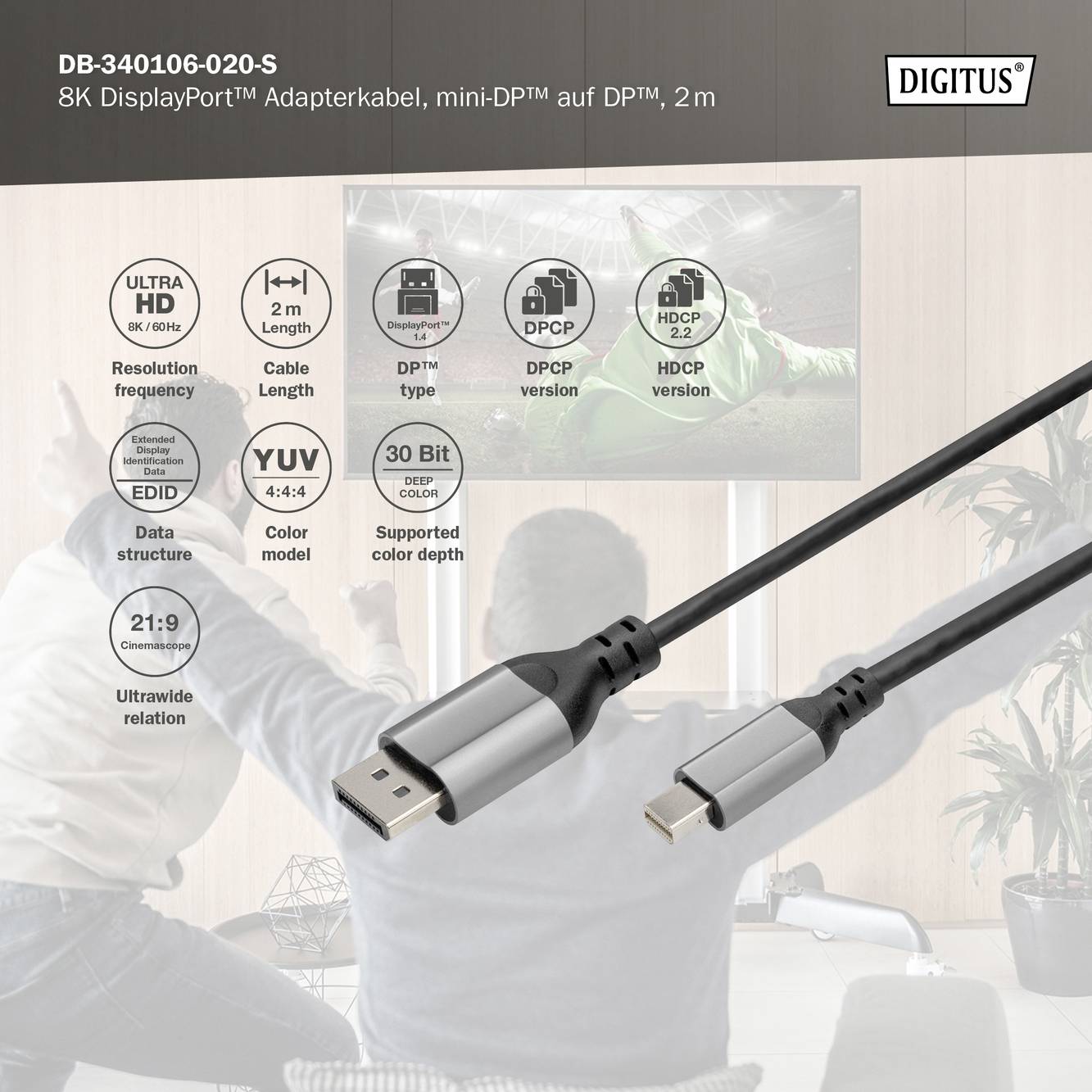 Digitus 8K DisplayPort Adapter Cable, Mini DisplayPort to DisplayPort, 2 m, Supports 4K, HDCP, Audio. 30-bit, 4:4:4, 21:9.