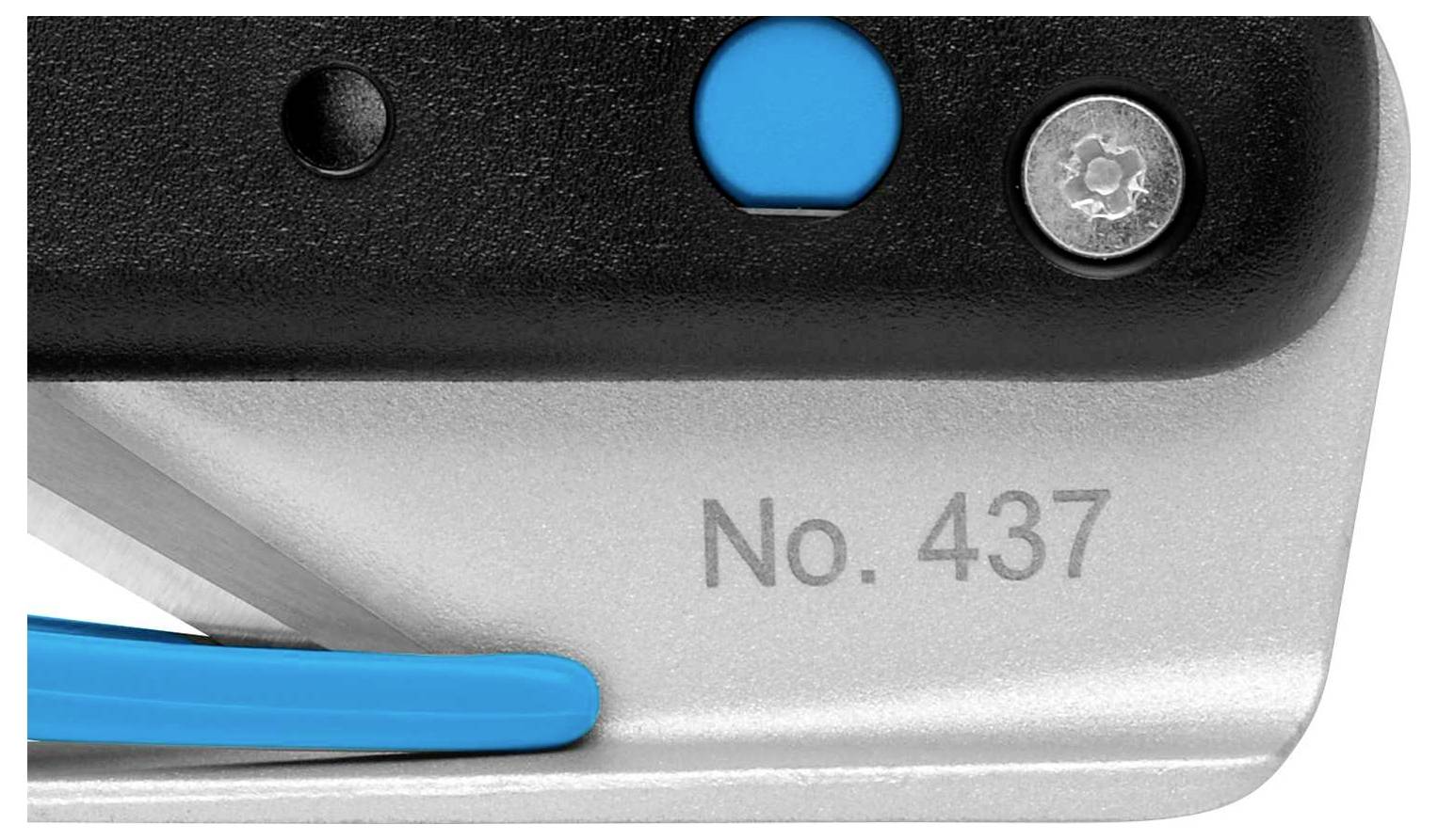 Close-up of a tool with a blue button and the engraving 'No. 437'.