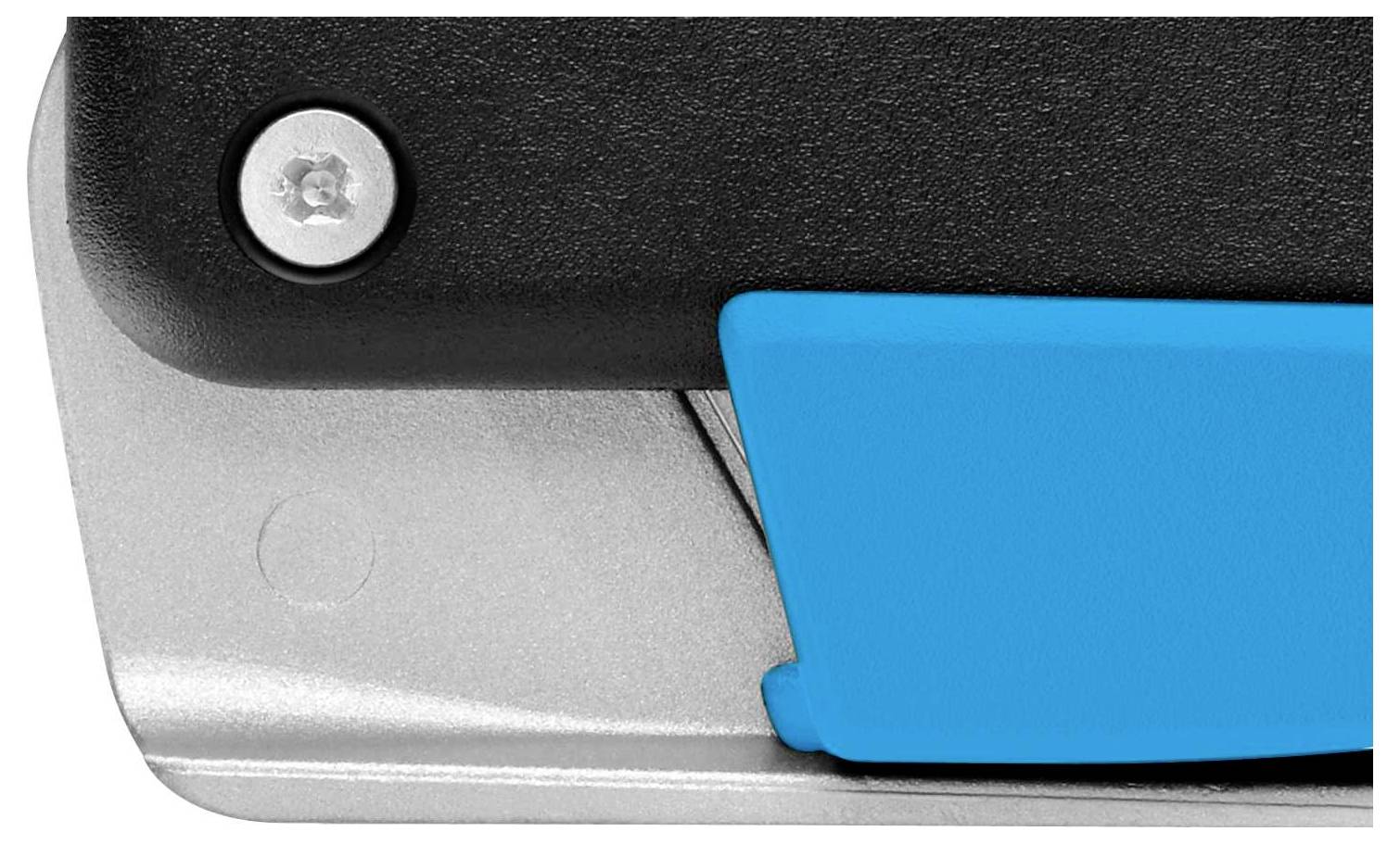 Close-up of a metal and plastic tool with black, silver, and blue elements. It appears to be a lever or handle.