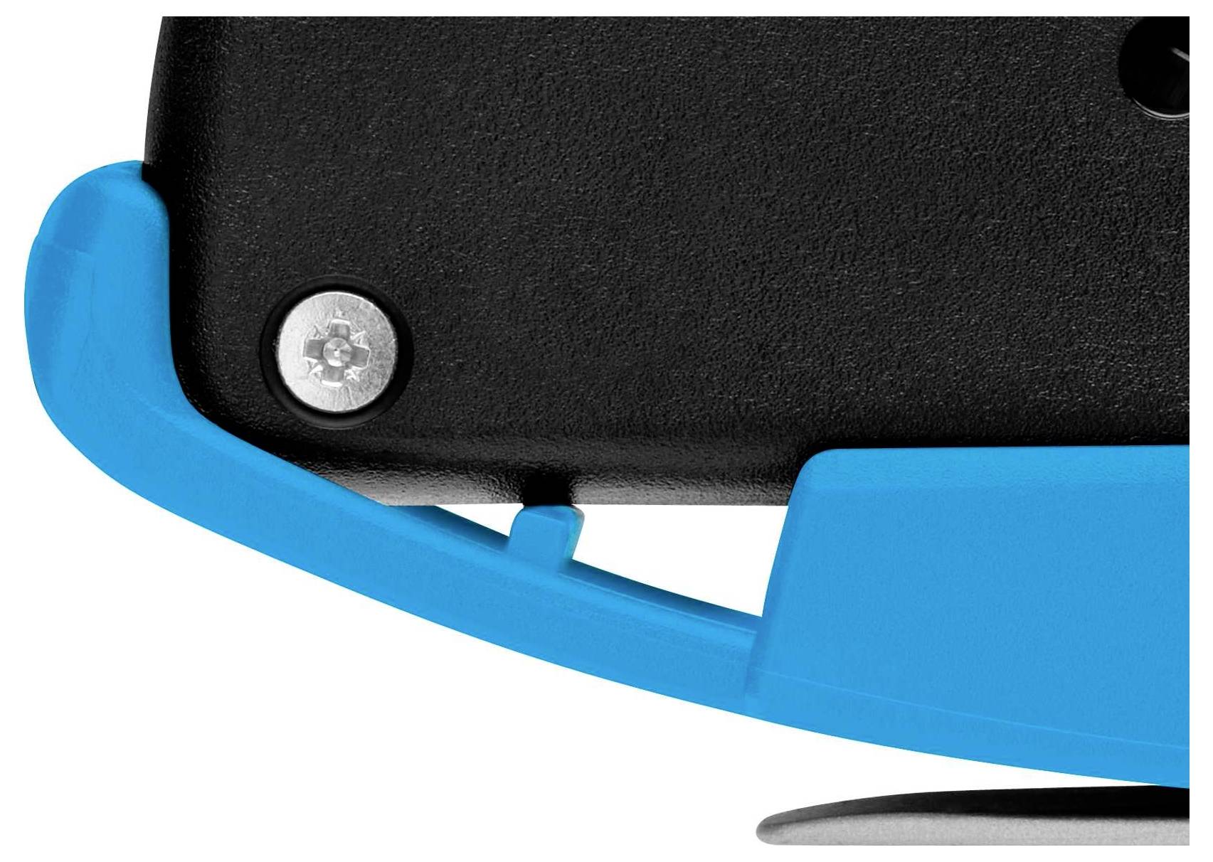 Part of a lever mechanism, black and blue components with metal fastener.