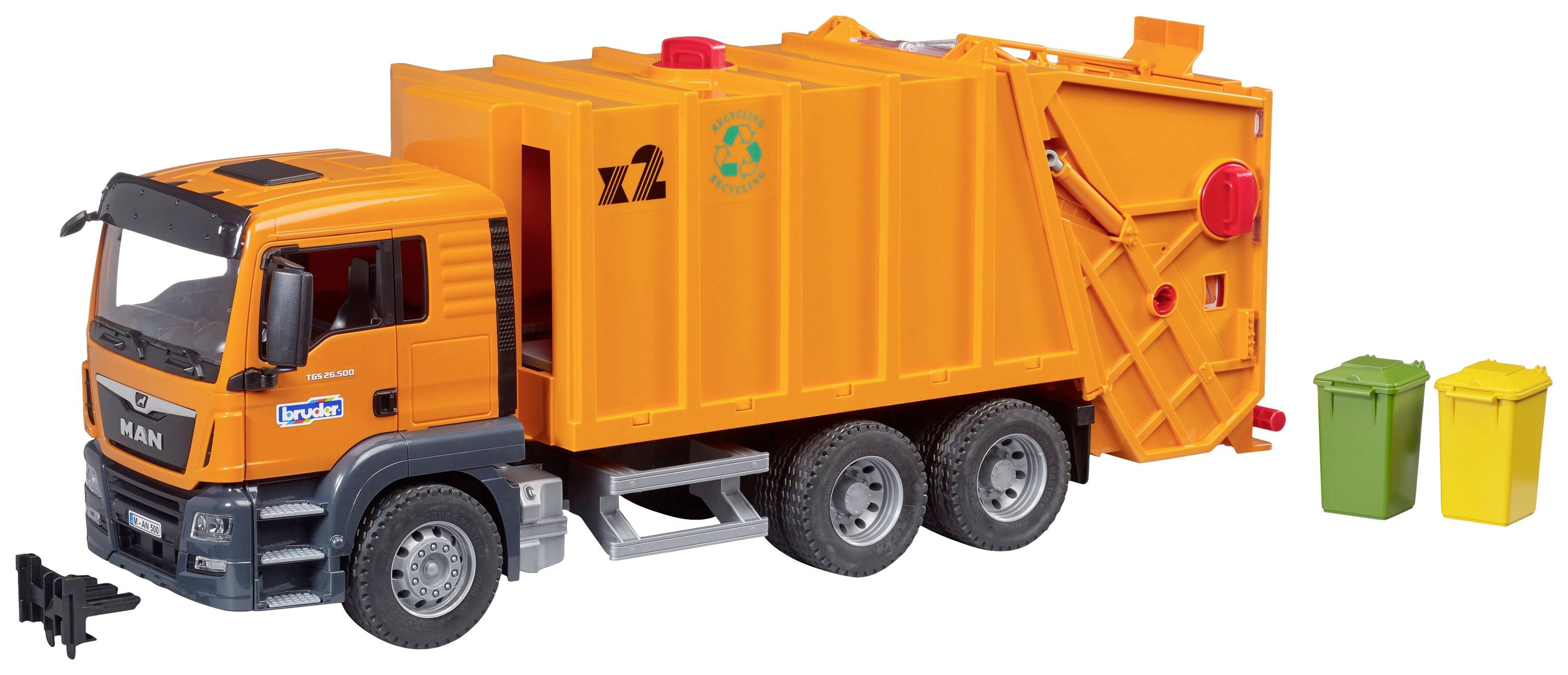 An orange toy refuse lorry with a movable skip, alongside two small wheelie bins in yellow and green.