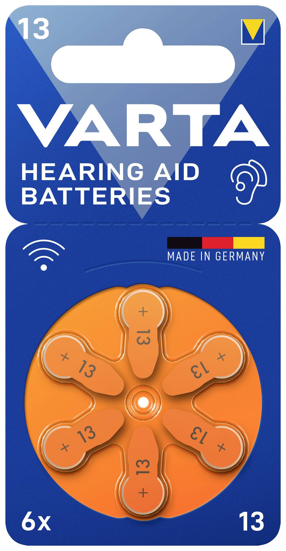Battery pack for hearing aids by VARTA, containing six orange size 13 batteries. Marked 'Made in Germany'.