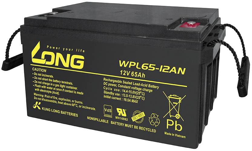 Long WPL65-12AN-M WPL65-12AN-M VRLA 12 V 65 Ah AGM (W x H x D) 350 x 179 x 167 mm M6 connector Low self-discharge levels