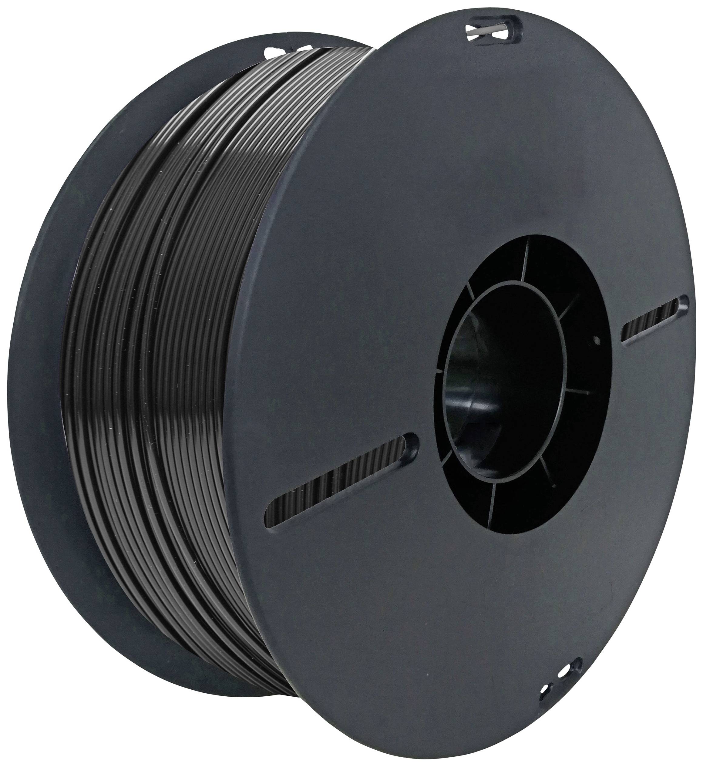Black spool with filament for 3D printer, showing material and packaging for printing purposes.