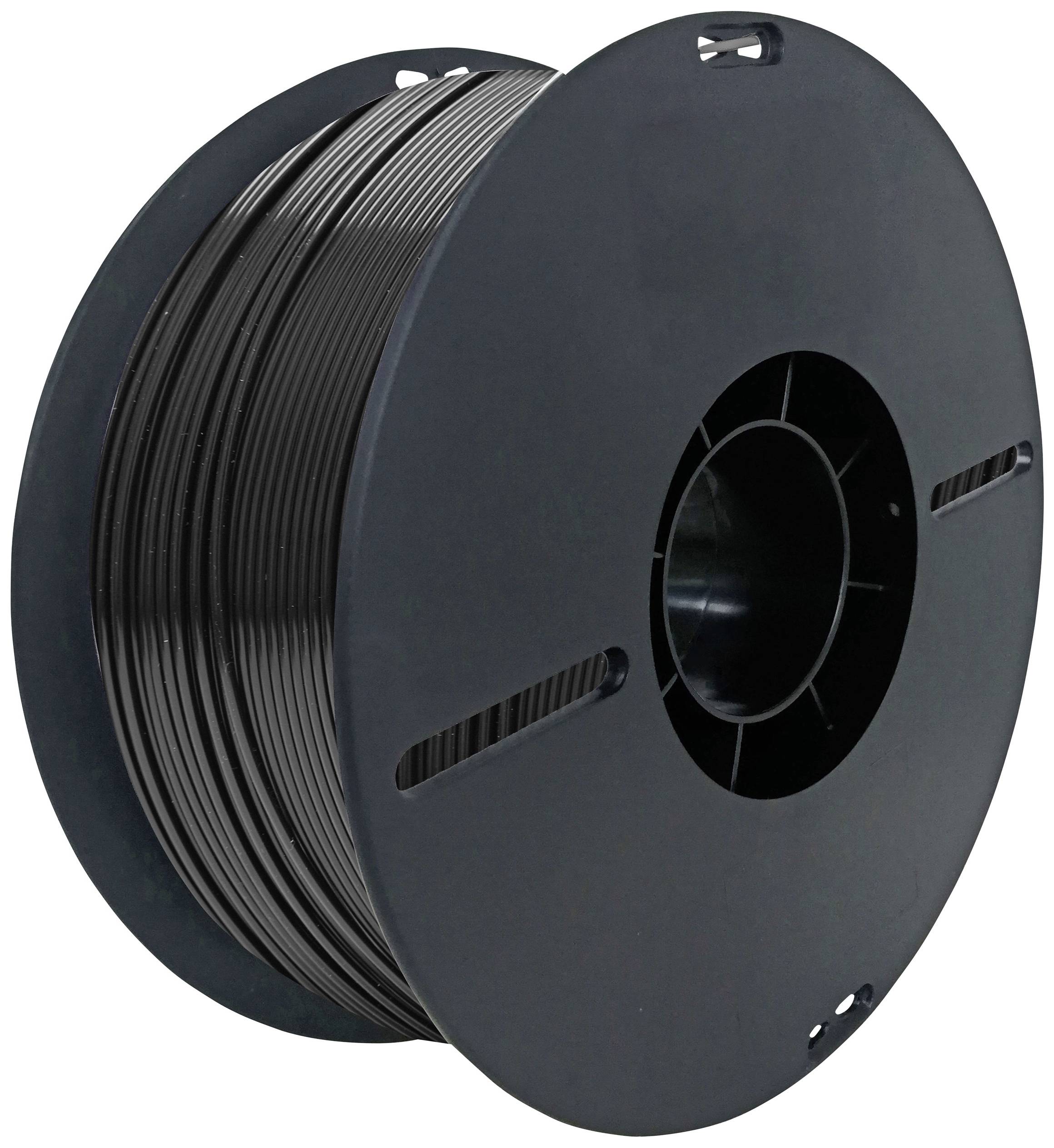 A black reel of 3D printing filament, photographed from the side.