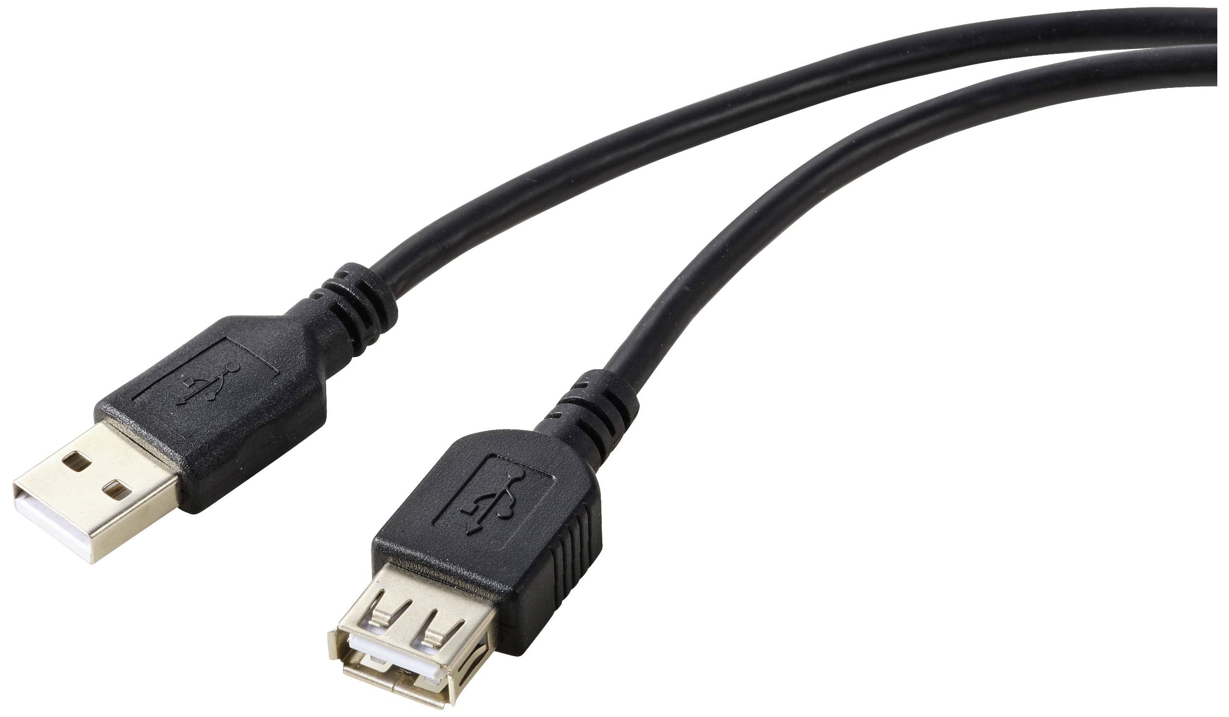 USB extension cable with a USB-A plug and USB-A socket, black, for connecting or extending devices.