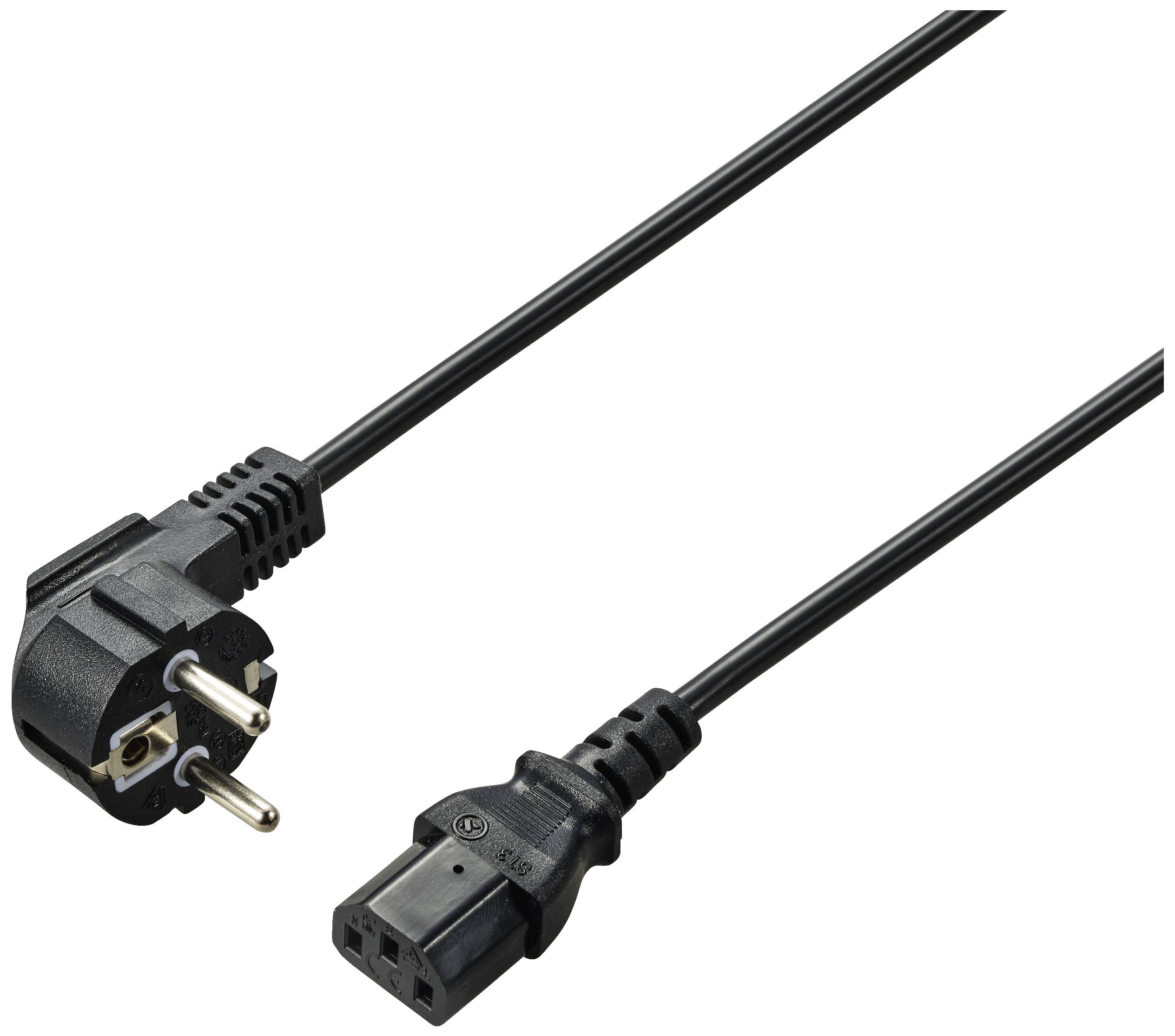 Black power cable with European plug and IEC connector, suitable for connecting electronic devices to power supplies.