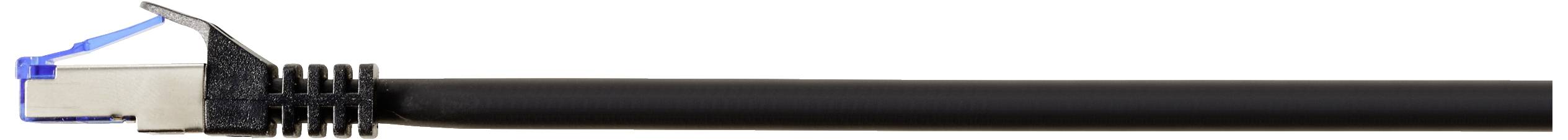 A black Ethernet network cable with RJ45 connector, partially visible, lies on a white background.