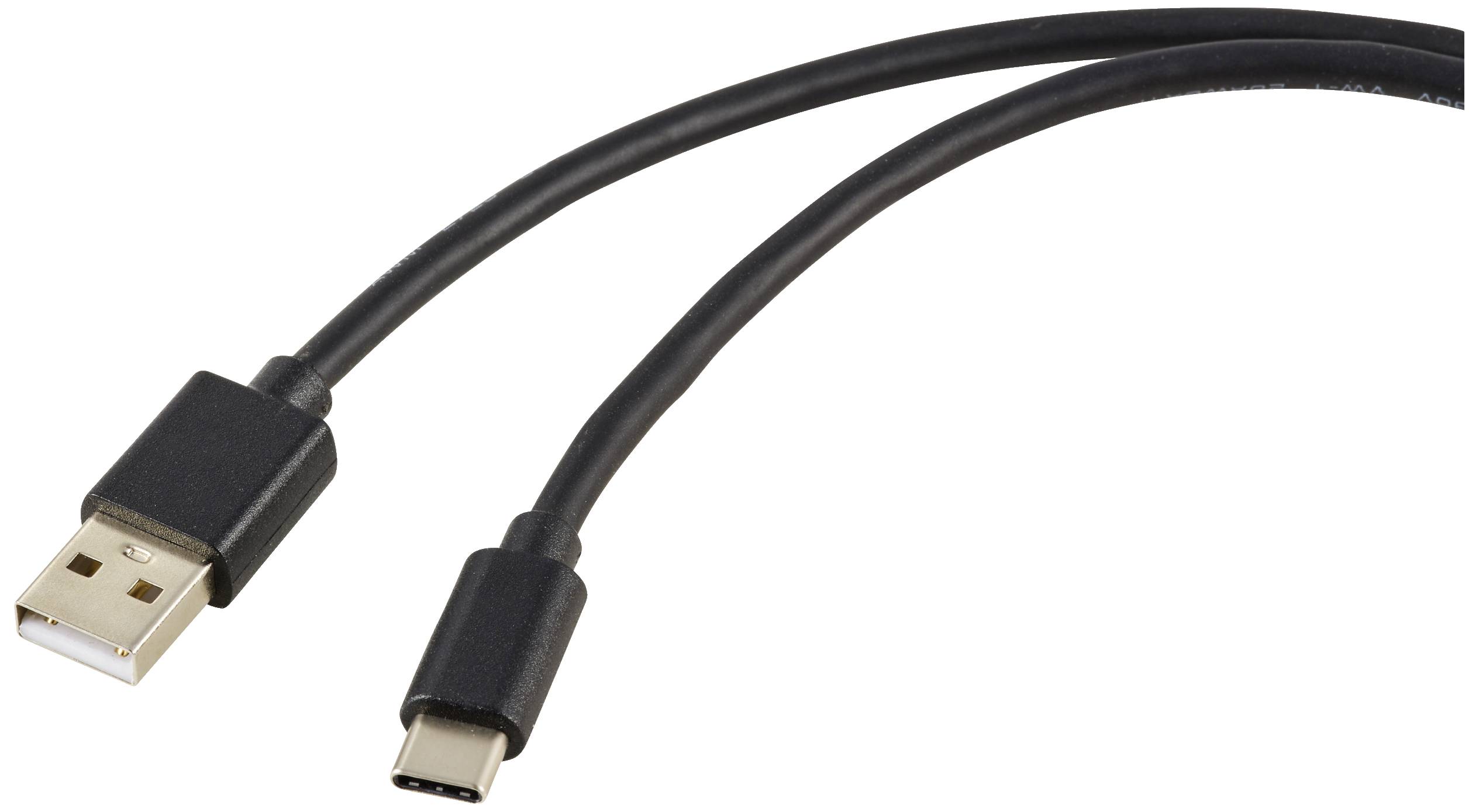 A black USB cable with a USB-A plug and a USB-C plug, used for data transfer and charging.