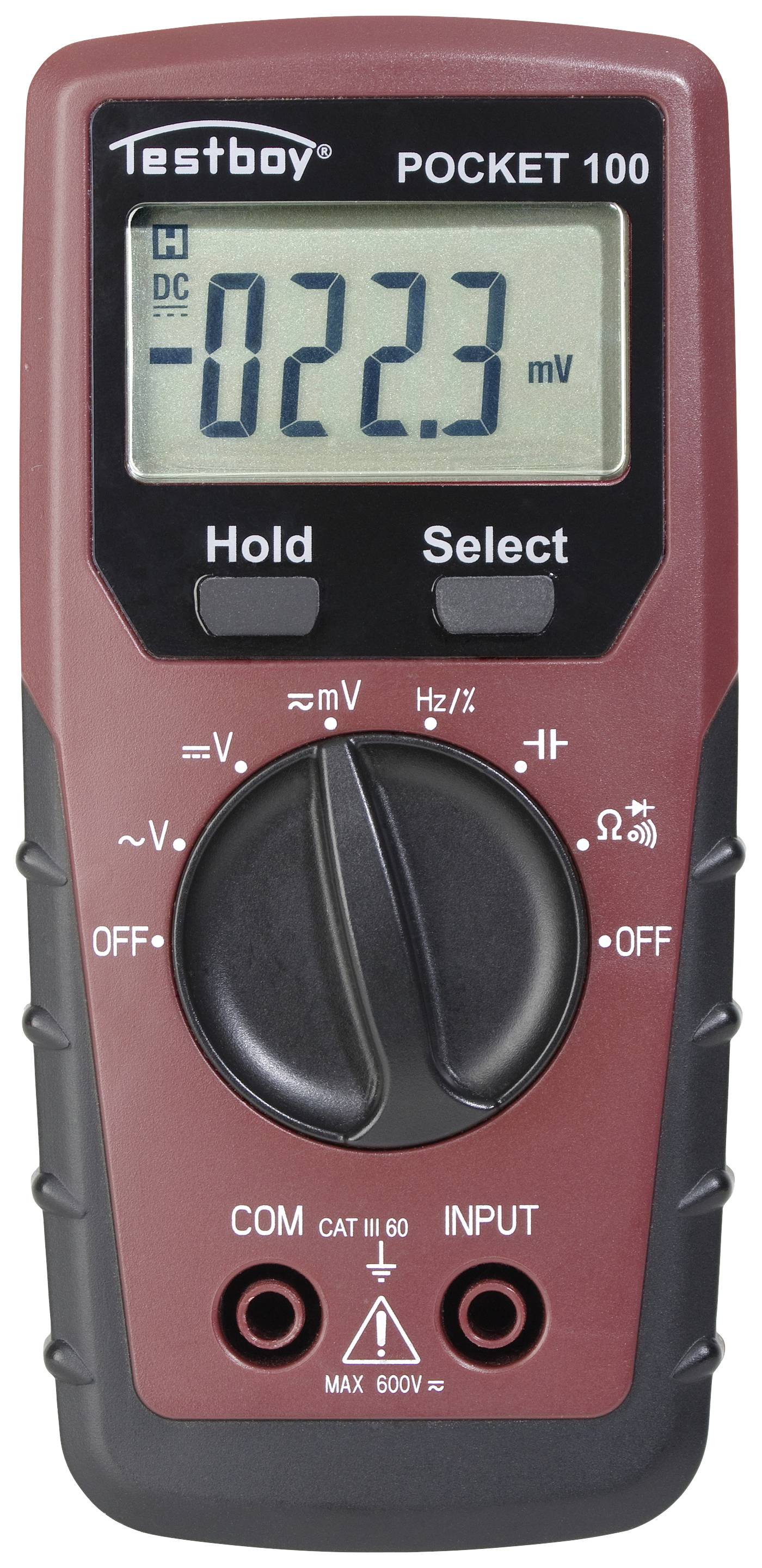 Digital multimeter, model Testboy Pocket 100, shows 22.3 mV DC. Functions and controls for voltage measurement visible.