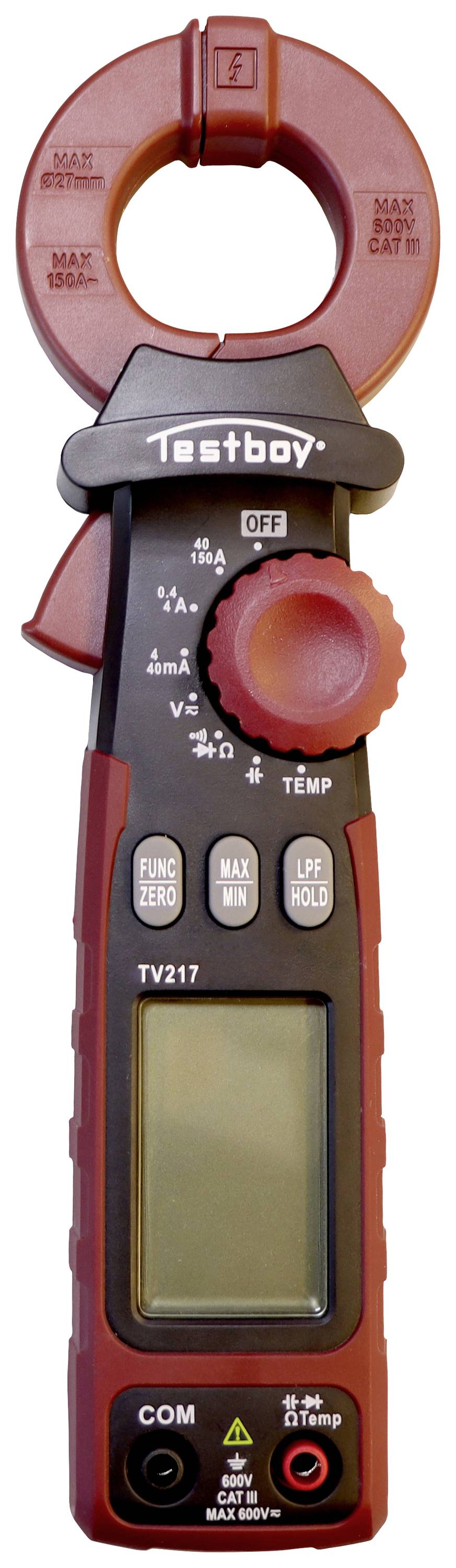 Digital multimeter with clamp function, used for measuring current, voltage and resistance. Includes display and multiple buttons.