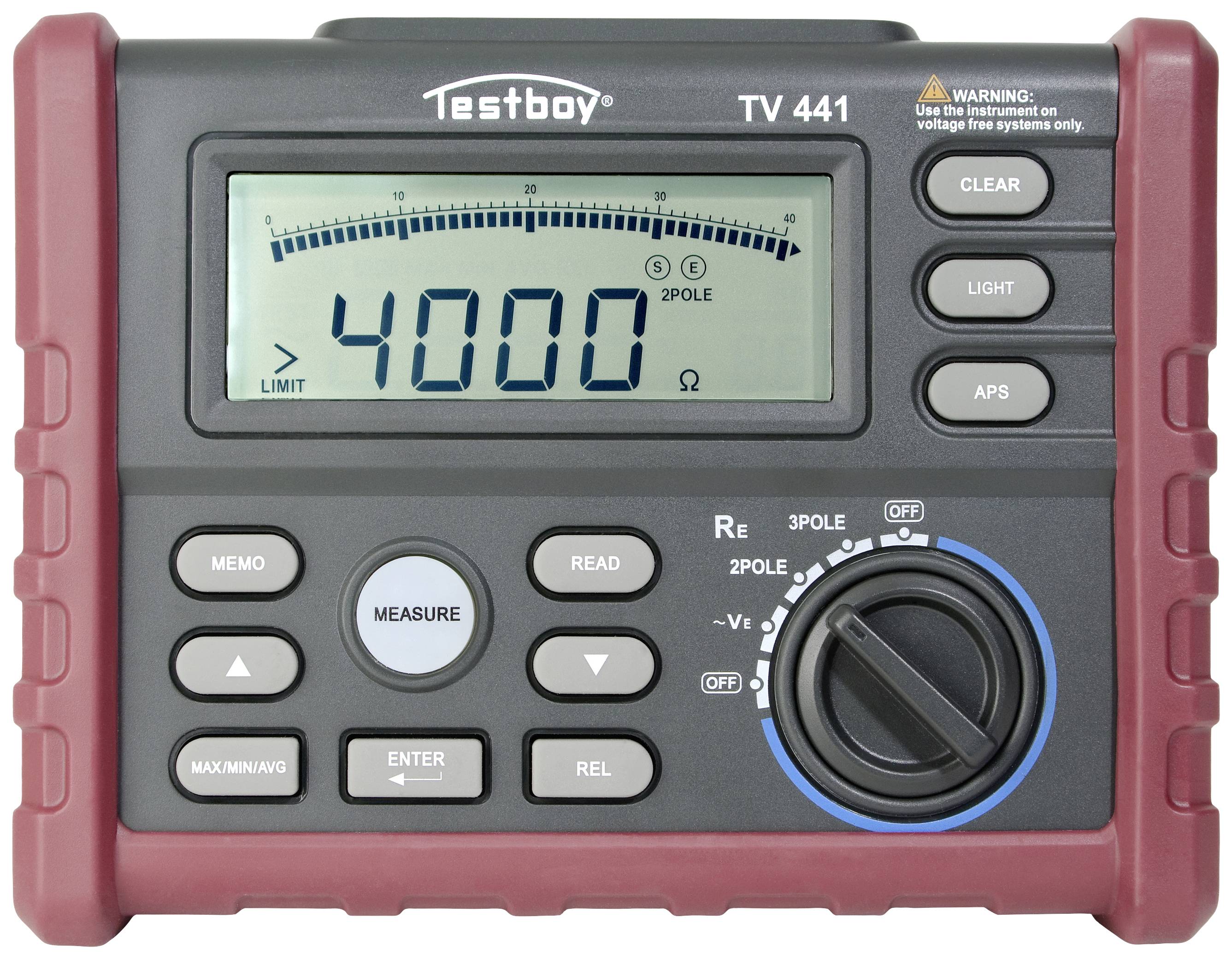 A digital multimeter with a large display showing a reading of '4000 Ω'. Control buttons and a rotary dial are visible.