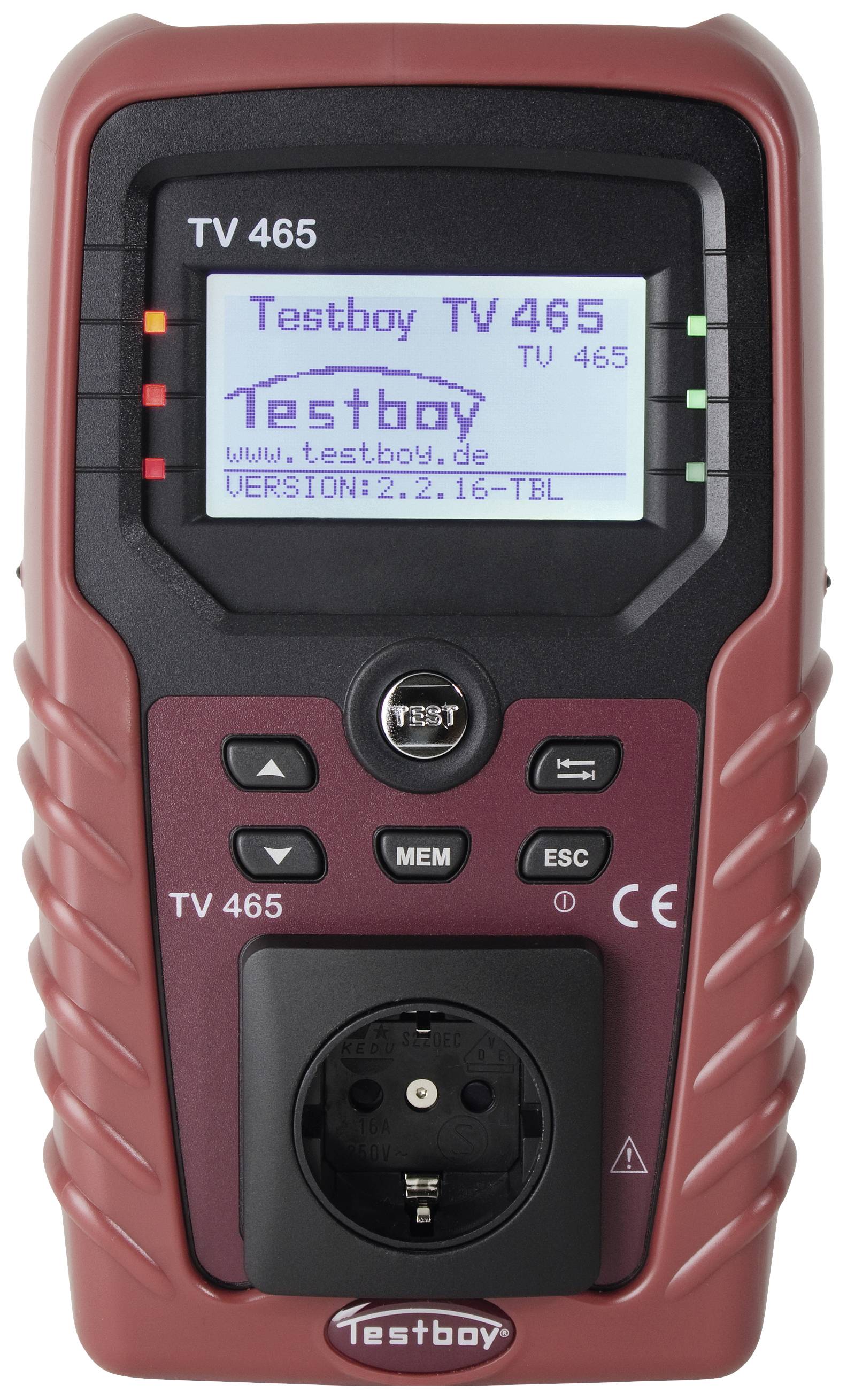 A testing device with a display shows 'Testboy TV 465' and software version '2.2.16-TBL'. Below are controls and a power socket.