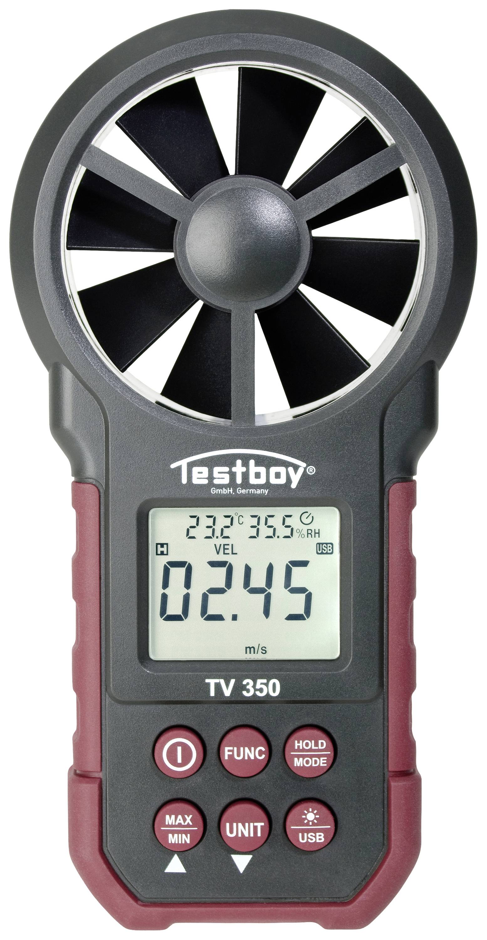 Handheld device for measuring air velocity, temperature and humidity. Display shows '23.2°C', '35.5°C' and '02.45 m/s'.