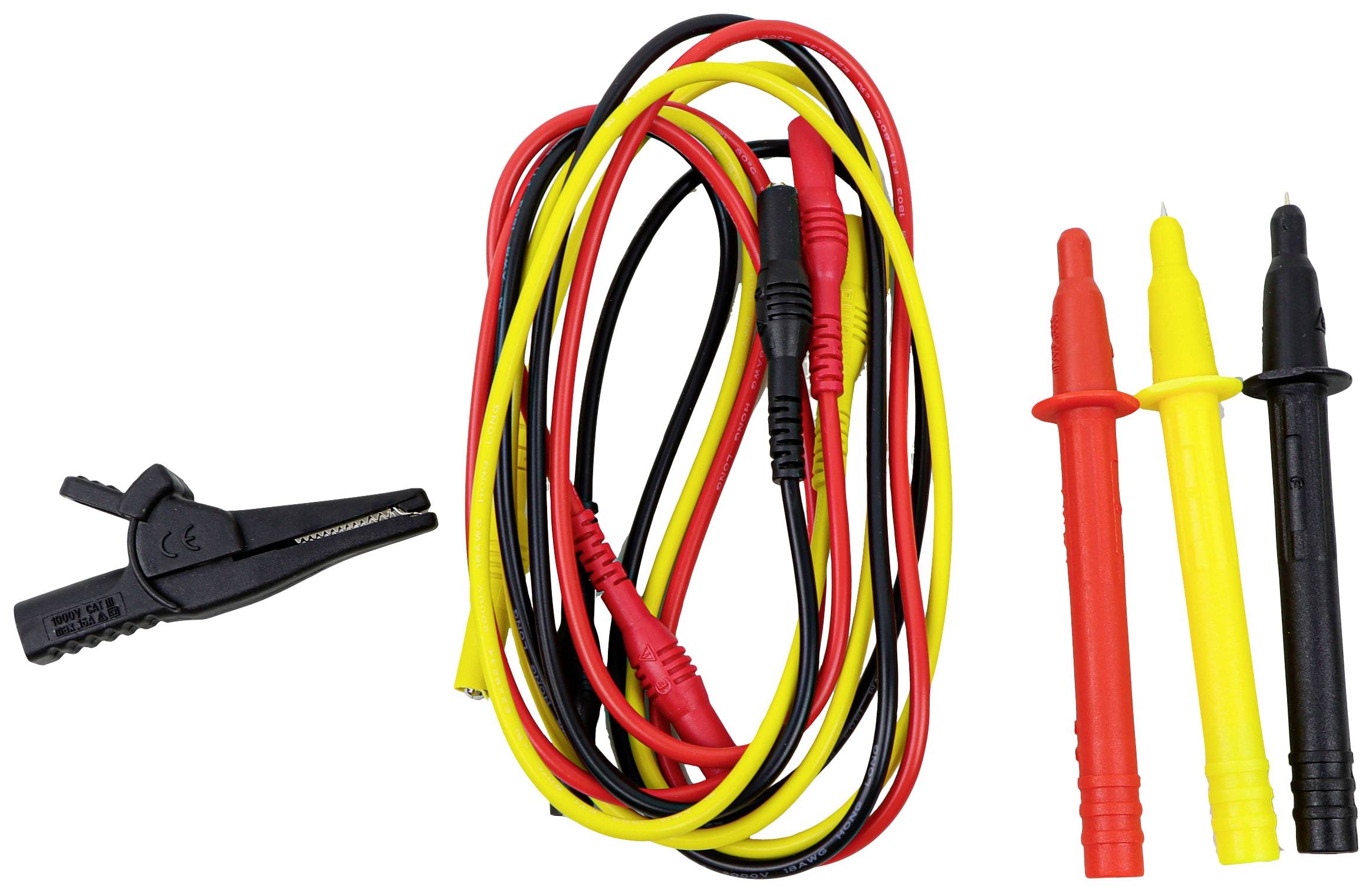 Test leads with multiple colours and crocodile clips, suitable for electrical tests and diagnostics. Contains red, black and yellow cables.