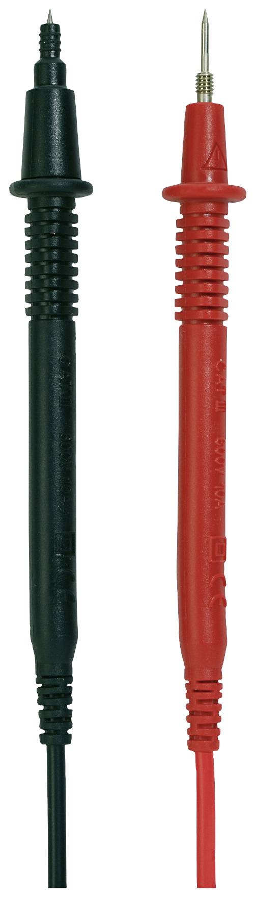 Black and red test leads for multimeters. Black lead on the left, red lead on the right. Used for electrical measurement.