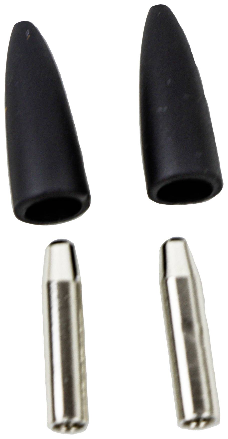Two black rubber caps and two silver-coloured metal tips.