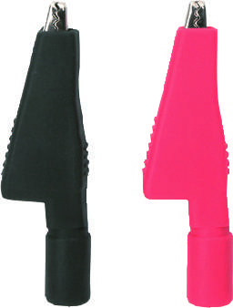 Black and red insulated crocodile clips side by side. They are commonly used as electrical connections in circuits.