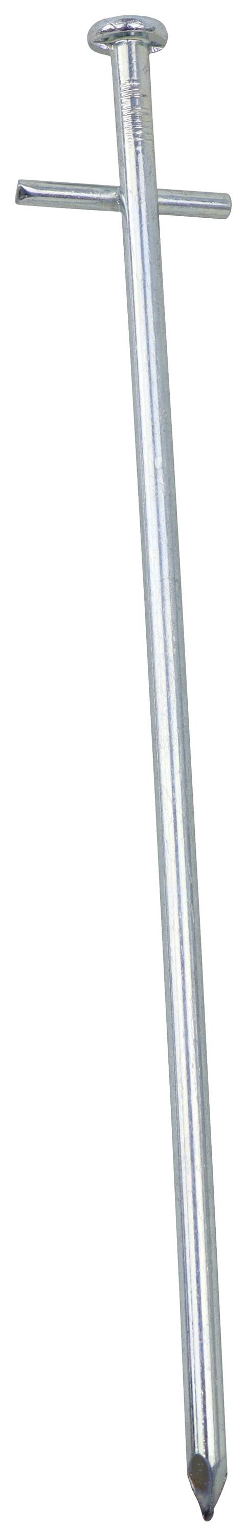 A long, slender, silver ground anchor made of metal with a cross pin at the top for secure anchoring in the ground.