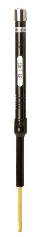 A black cylindrical pin with a metal tip and a yellow cable connected at its lower end.