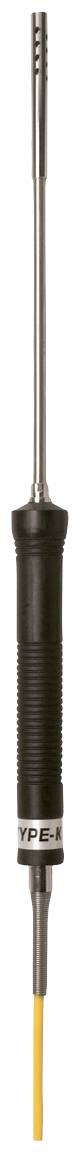 A black handle with a long, thin metal tube at the top and a yellow cable at the bottom. Possibly a technical tool.