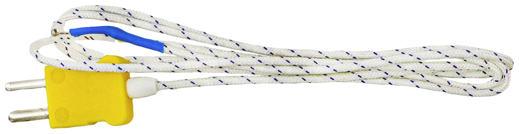 A yellow, two-pin European plug with a white cable that has blue and white markings.