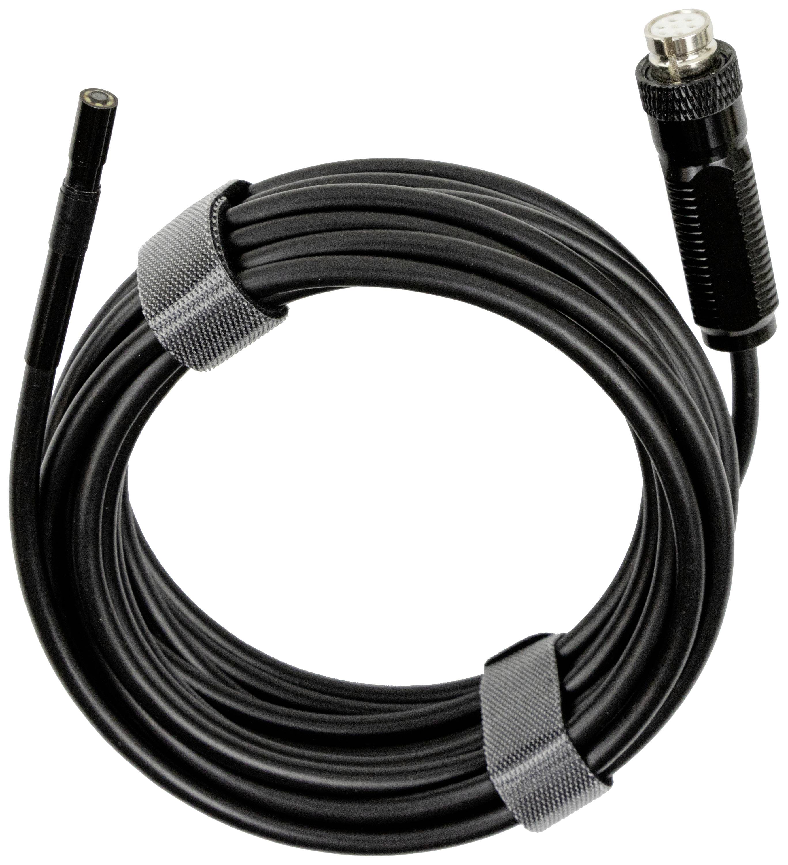 A longer black coaxial cable is coiled and secured with hook-and-loop fasteners.