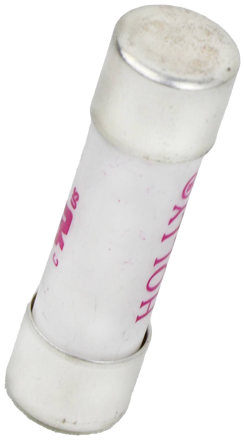 A white, cylindrical fuse with metal end caps.