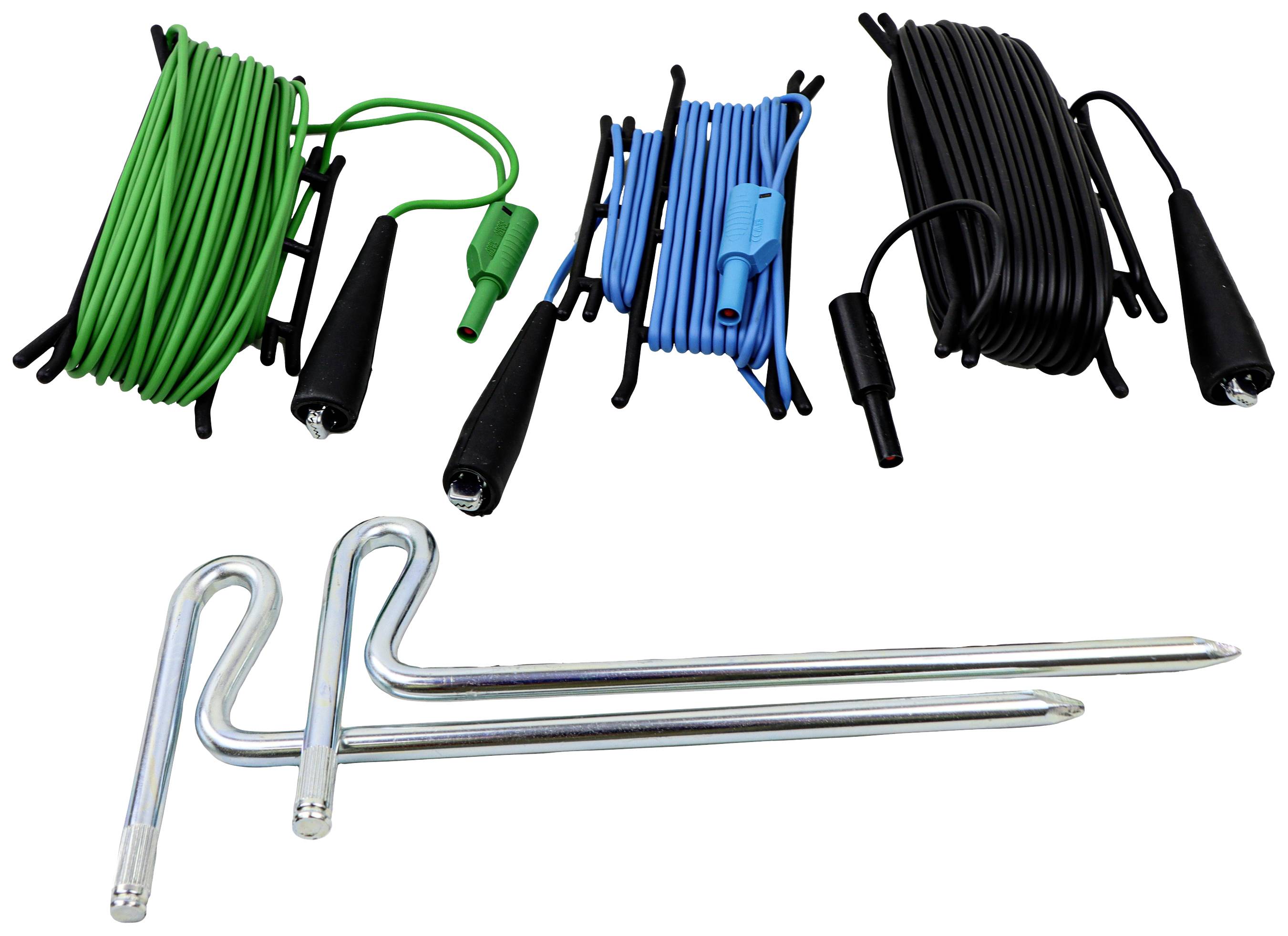 Three isolation tester cables in green, blue and black with two metal rods for earth connection.