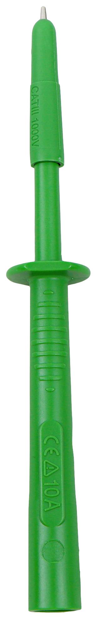Green test probe tip with a ribbed grip and metallic point, used for electrical measurement or testing of devices.