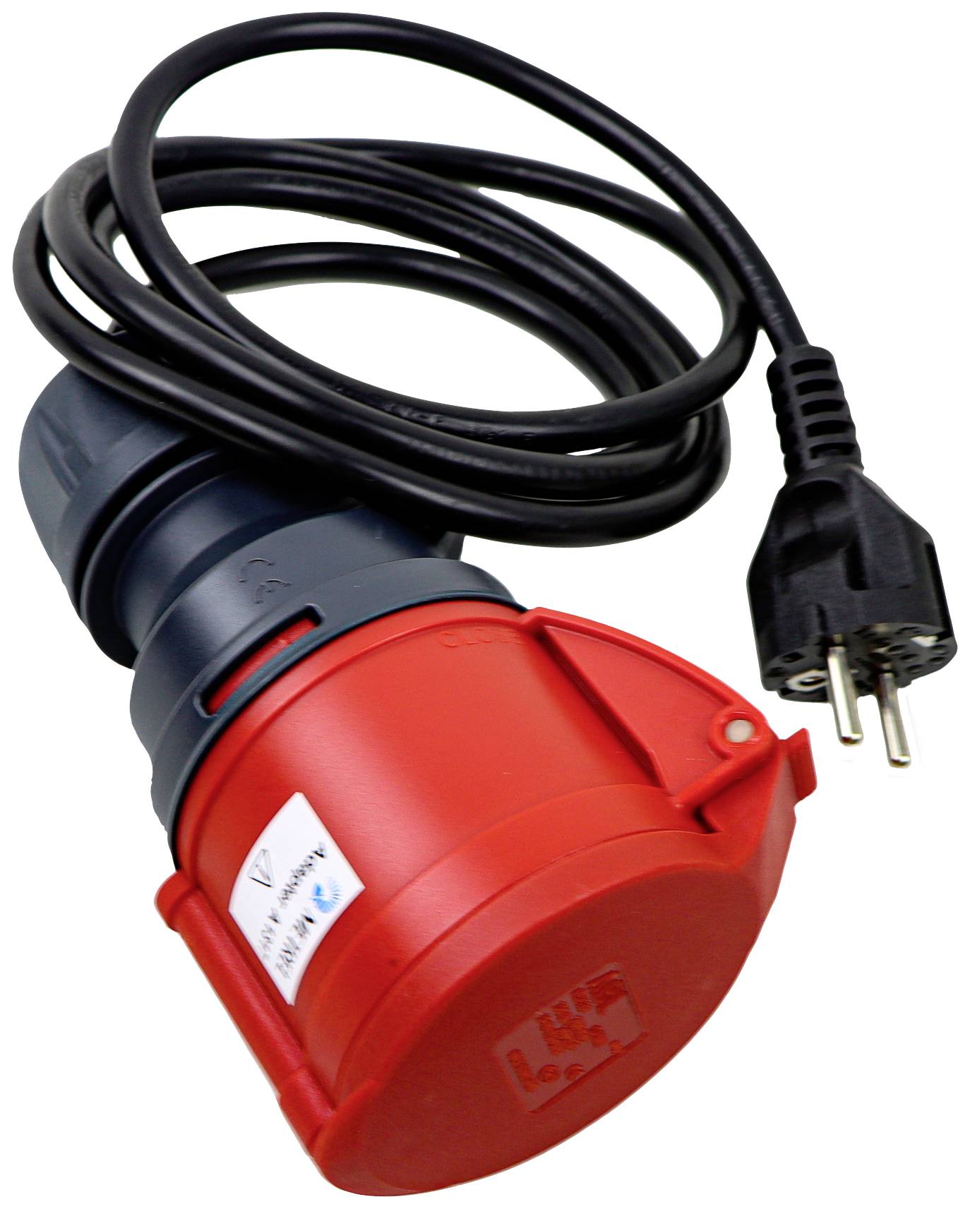 A red, industrial connector with a black power cable and Schuko plug; suitable for high performance requirements.